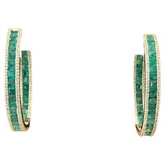 18 K yellow Gold inside out Emerald Diamond hoop earrings