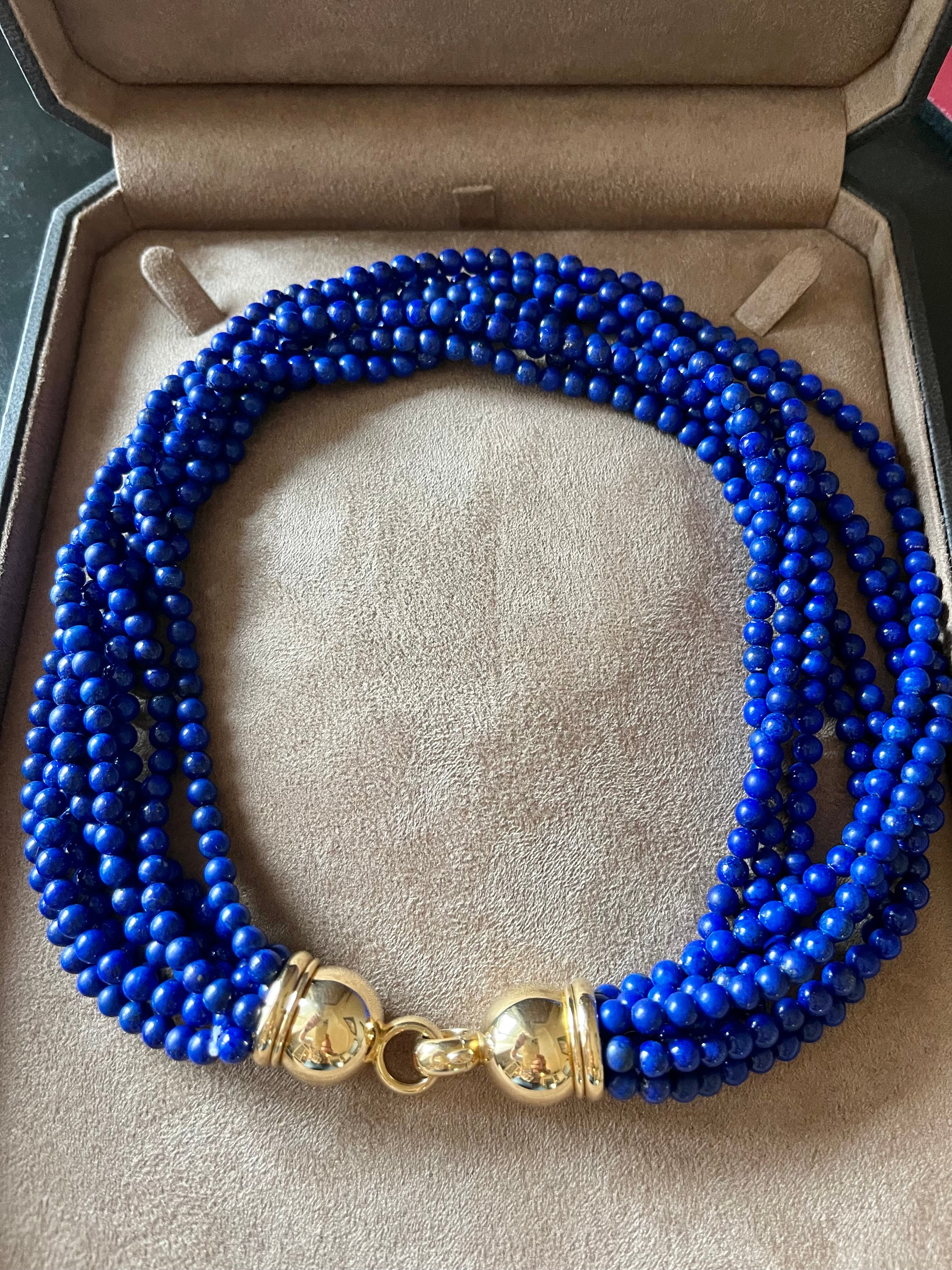Contemporary 18 K yellow Gold Lapis Lazuli Torsade necklace Péclard Zurich For Sale
