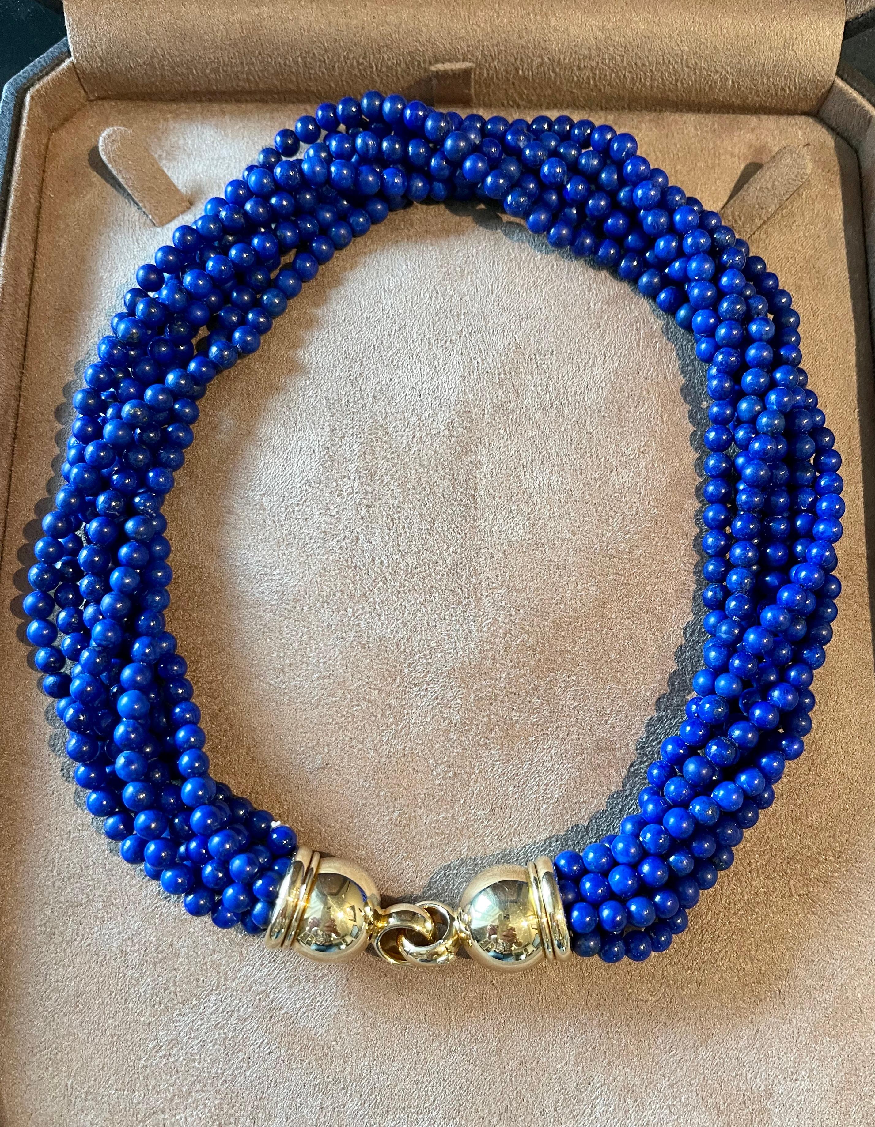 Perle Collier Torsade en or jaune 18 K Lapis Lazuli Péclard Zurich en vente