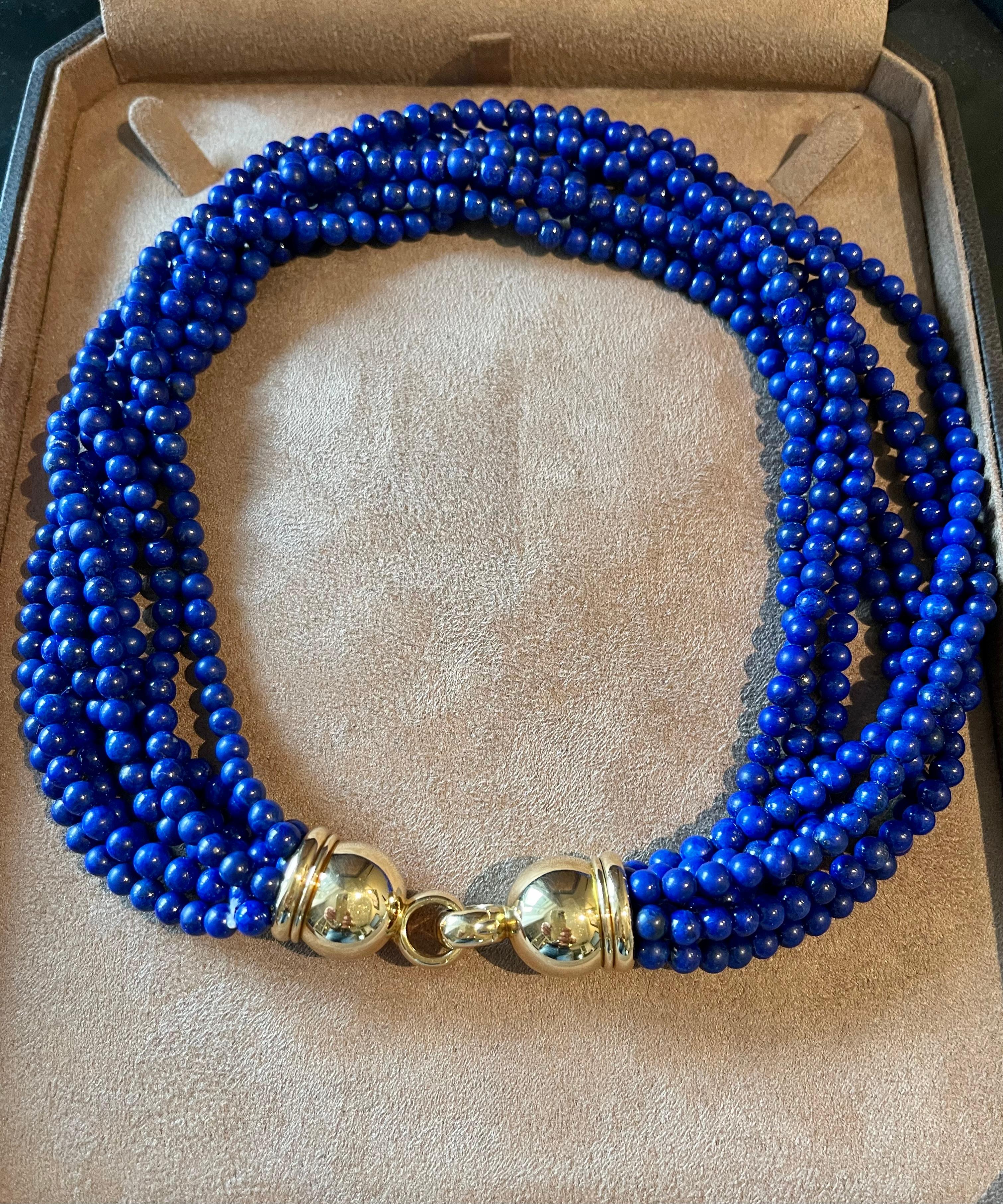 18 K yellow Gold Lapis Lazuli Torsade necklace Péclard Zurich For Sale 1