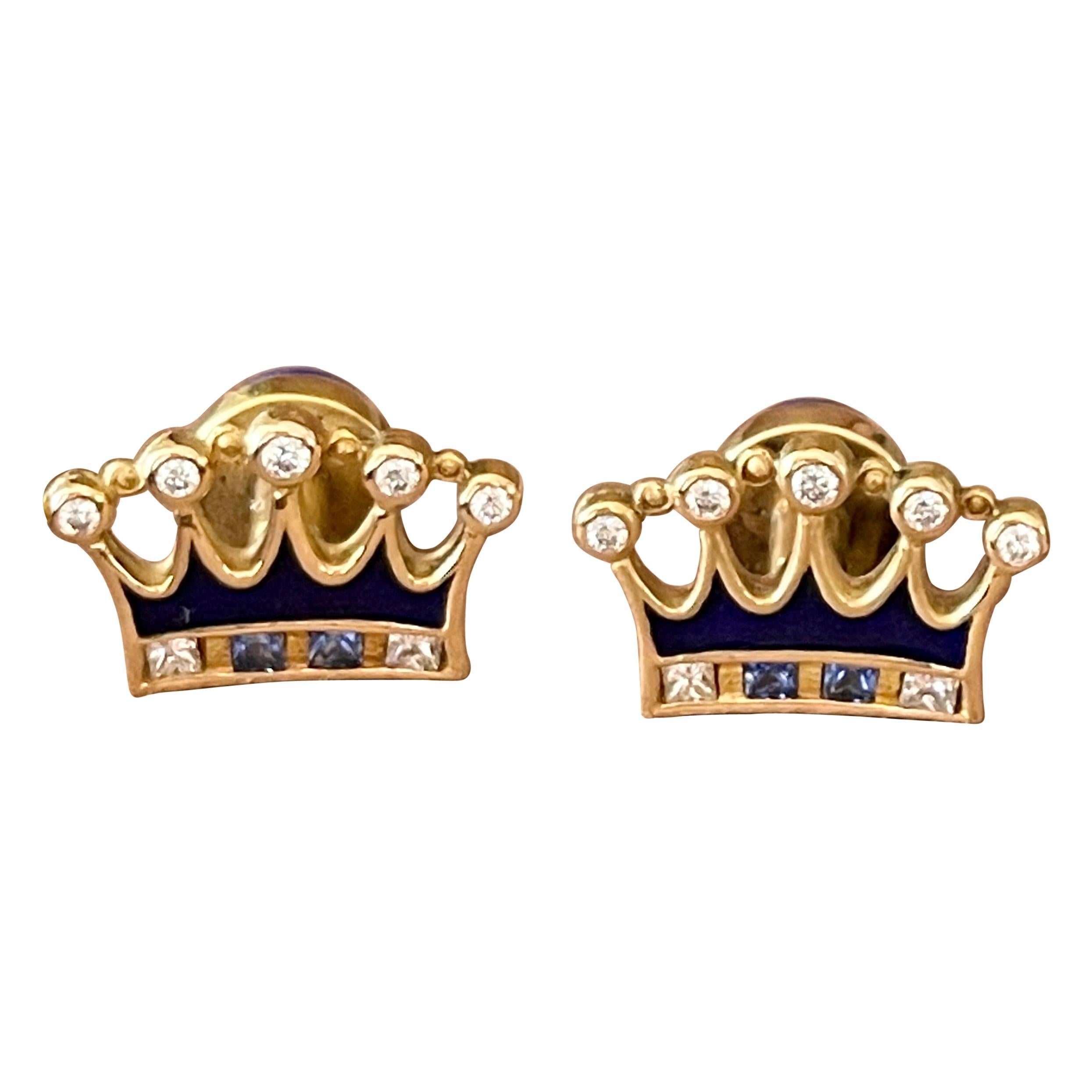 18 K Yellow Gold Lapis Sapphire Diamonds Cufflinks Crown Motif For Sale