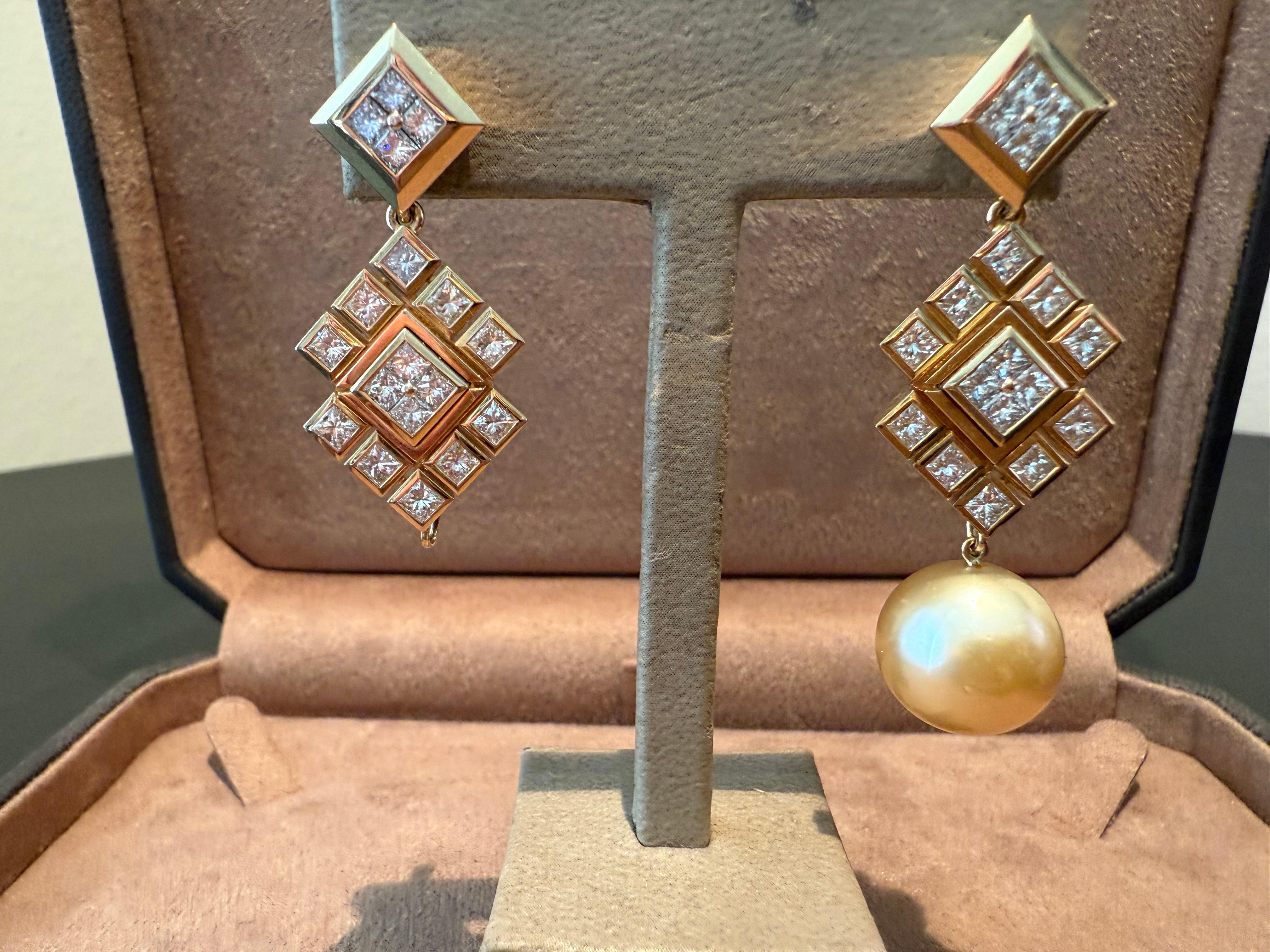 Or jaune 18 K Boucles d'oreilles perles diamants taille princesse Majo Fruithof Zurich en vente 7