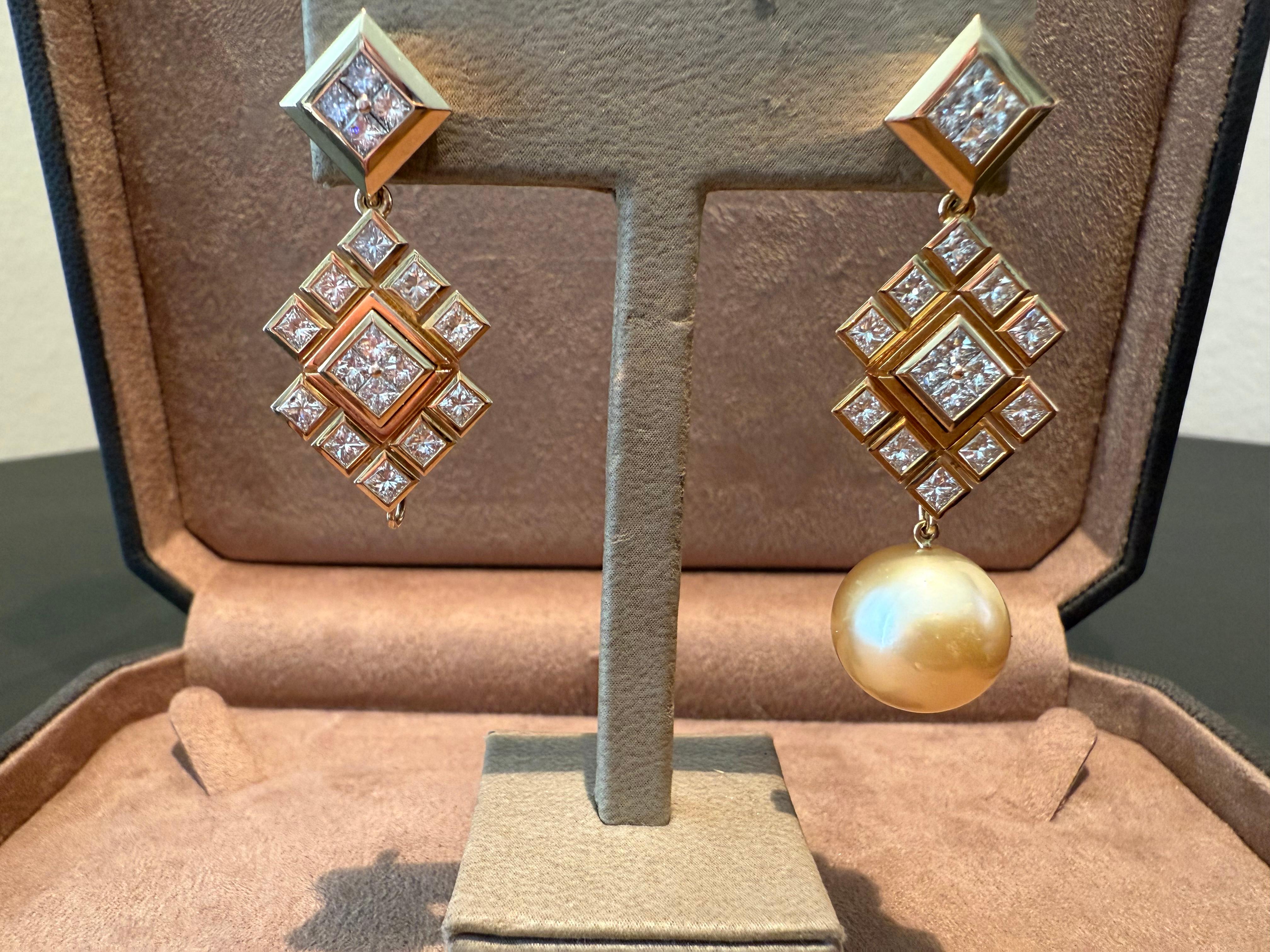 Or jaune 18 K Boucles d'oreilles perles diamants taille princesse Majo Fruithof Zurich en vente 8