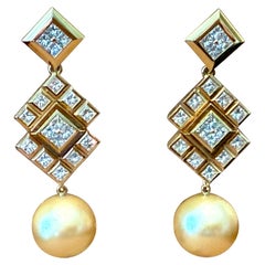 Orecchini di perle con diamanti taglio principessa in oro giallo 18 K. Majo Fruithof Zurigo