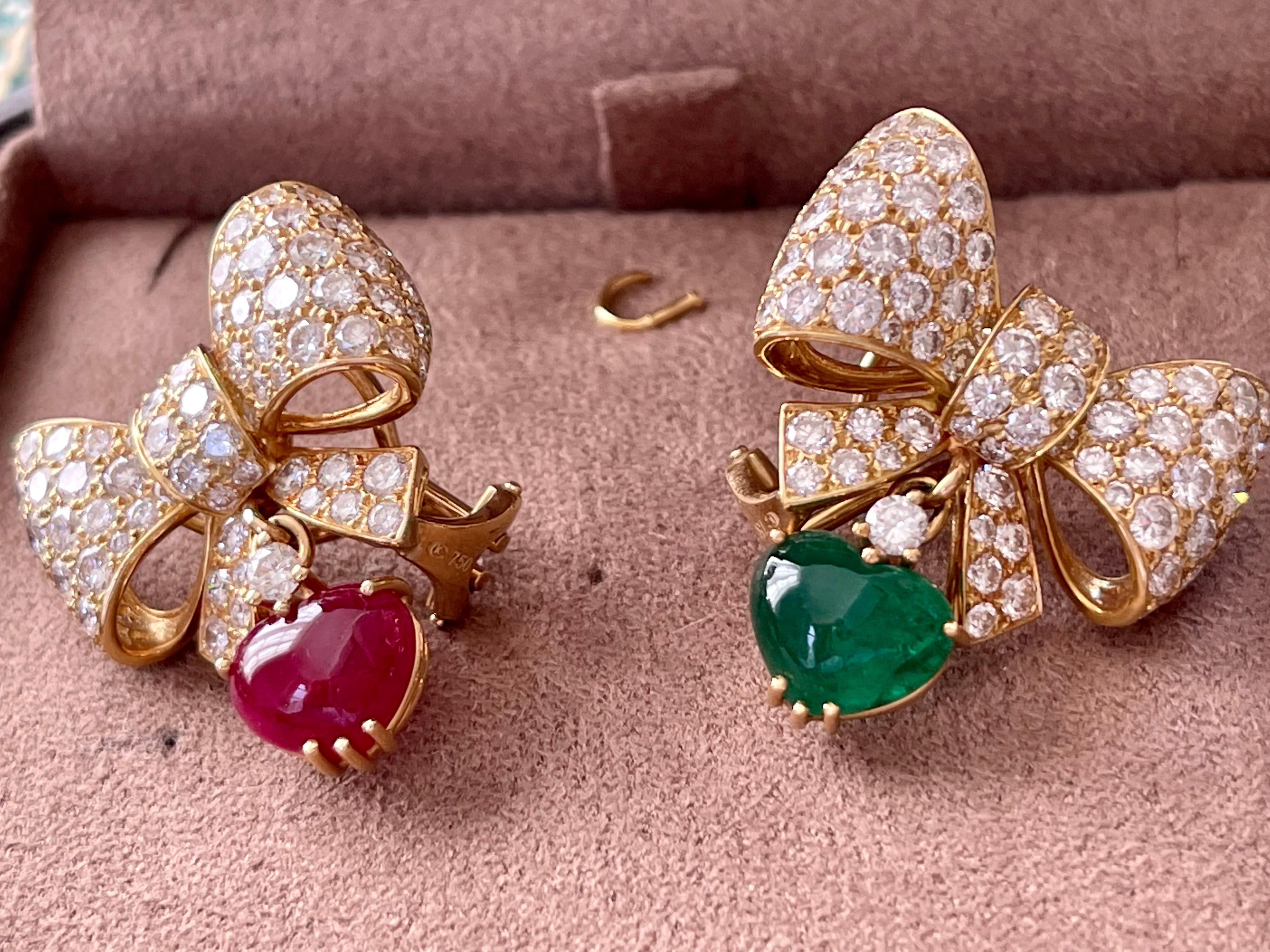 18 K Yellow Gold Ribbon Bow Dangle Earclips Diamonds Ruby Emerald Pendants For Sale 4