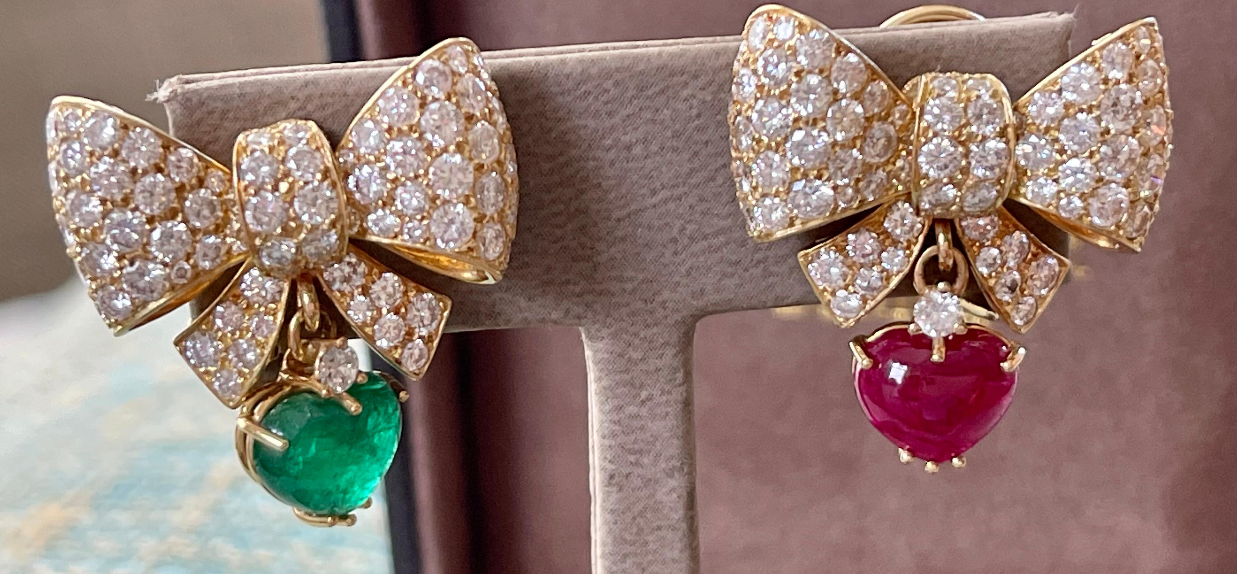 18 K Yellow Gold Ribbon Bow Dangle Earclips Diamonds Ruby Emerald Pendants For Sale 7