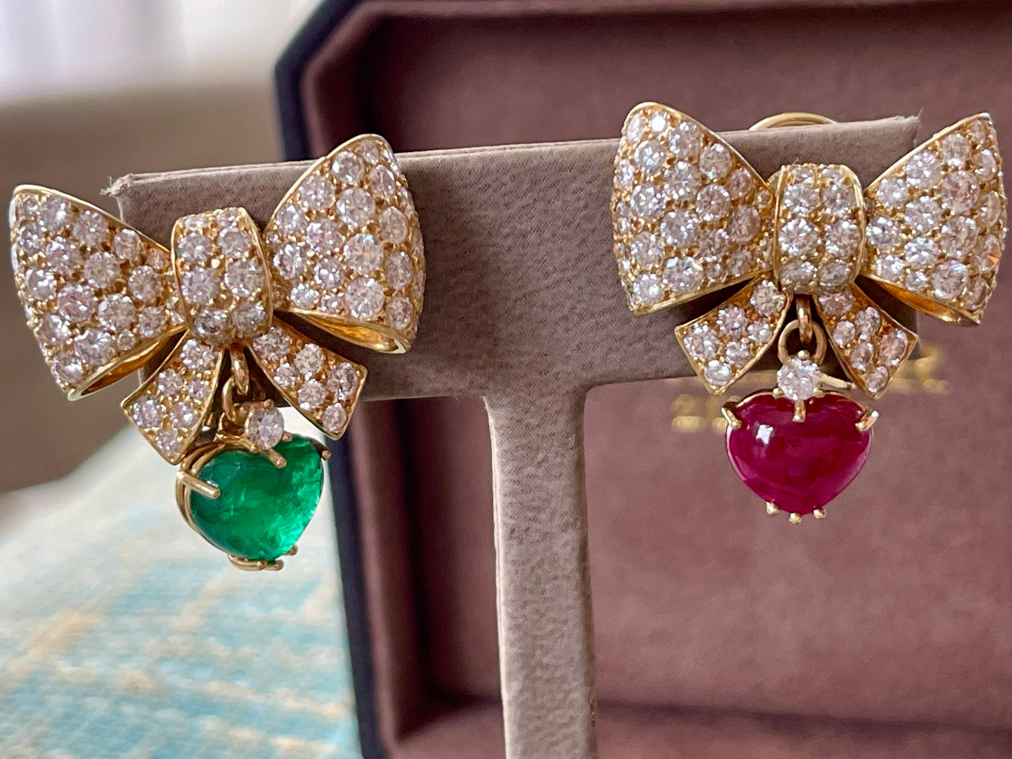 18 K Yellow Gold Ribbon Bow Dangle Earclips Diamonds Ruby Emerald Pendants For Sale 8