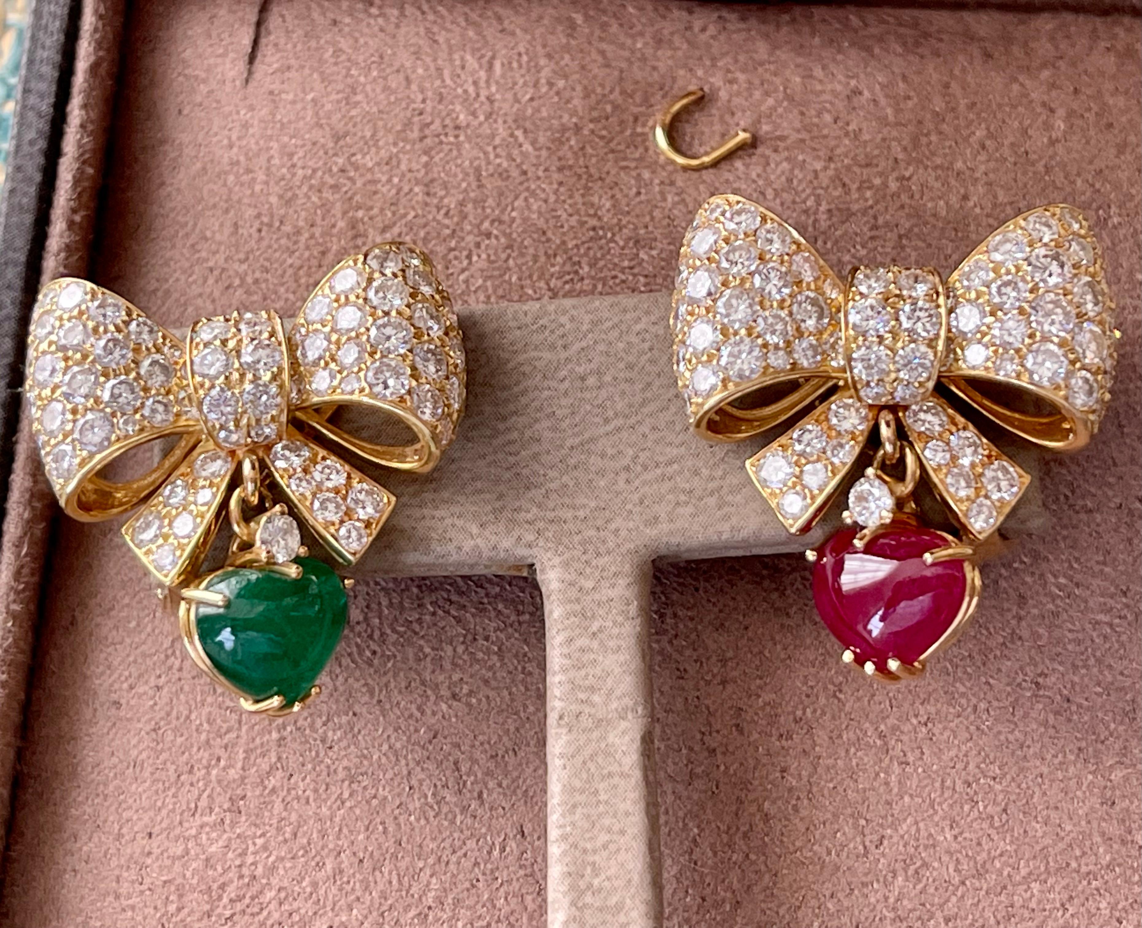 18 K Yellow Gold Ribbon Bow Dangle Earclips Diamonds Ruby Emerald Pendants For Sale 9