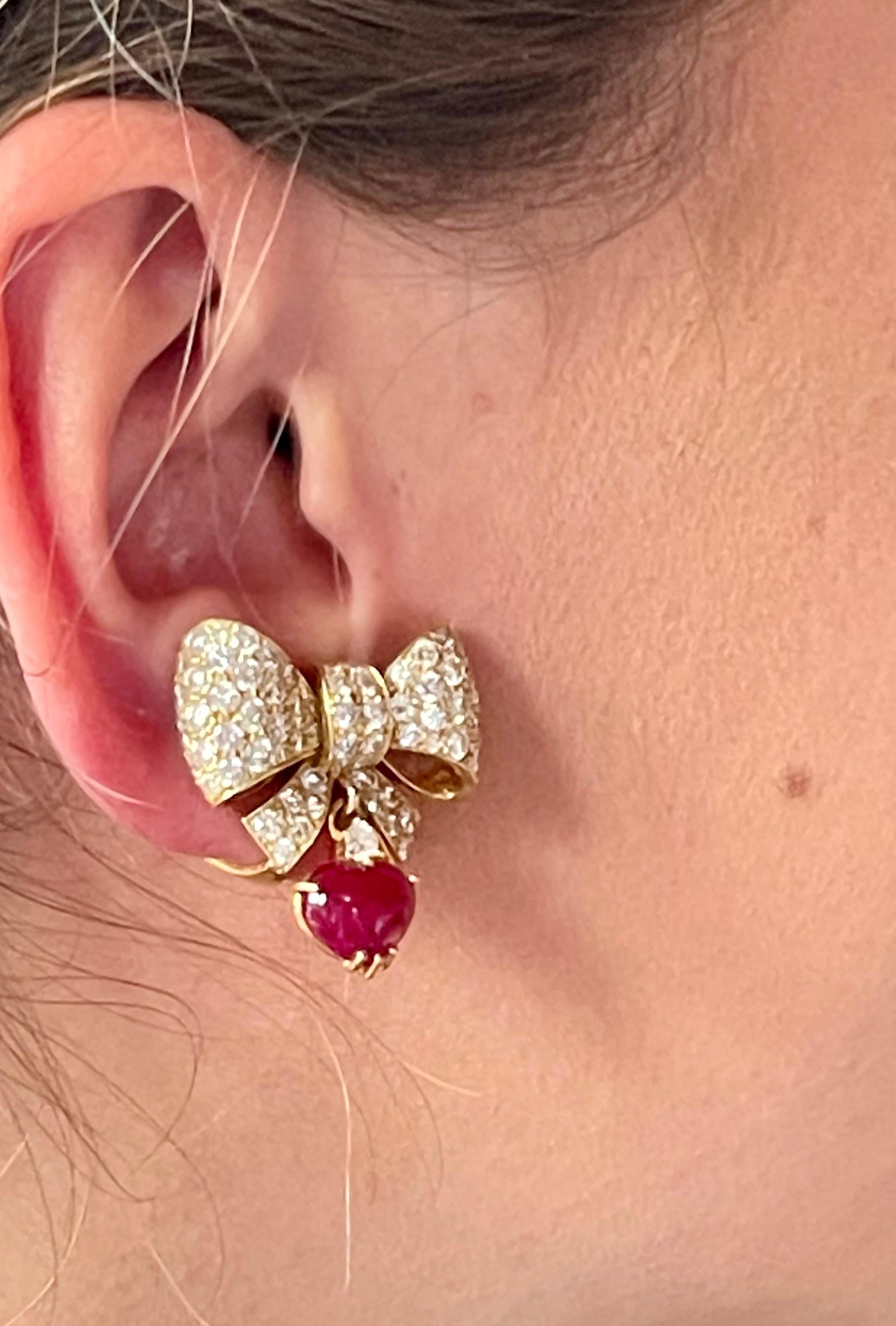 Brilliant Cut 18 K Yellow Gold Ribbon Bow Dangle Earclips Diamonds Ruby Emerald Pendants For Sale