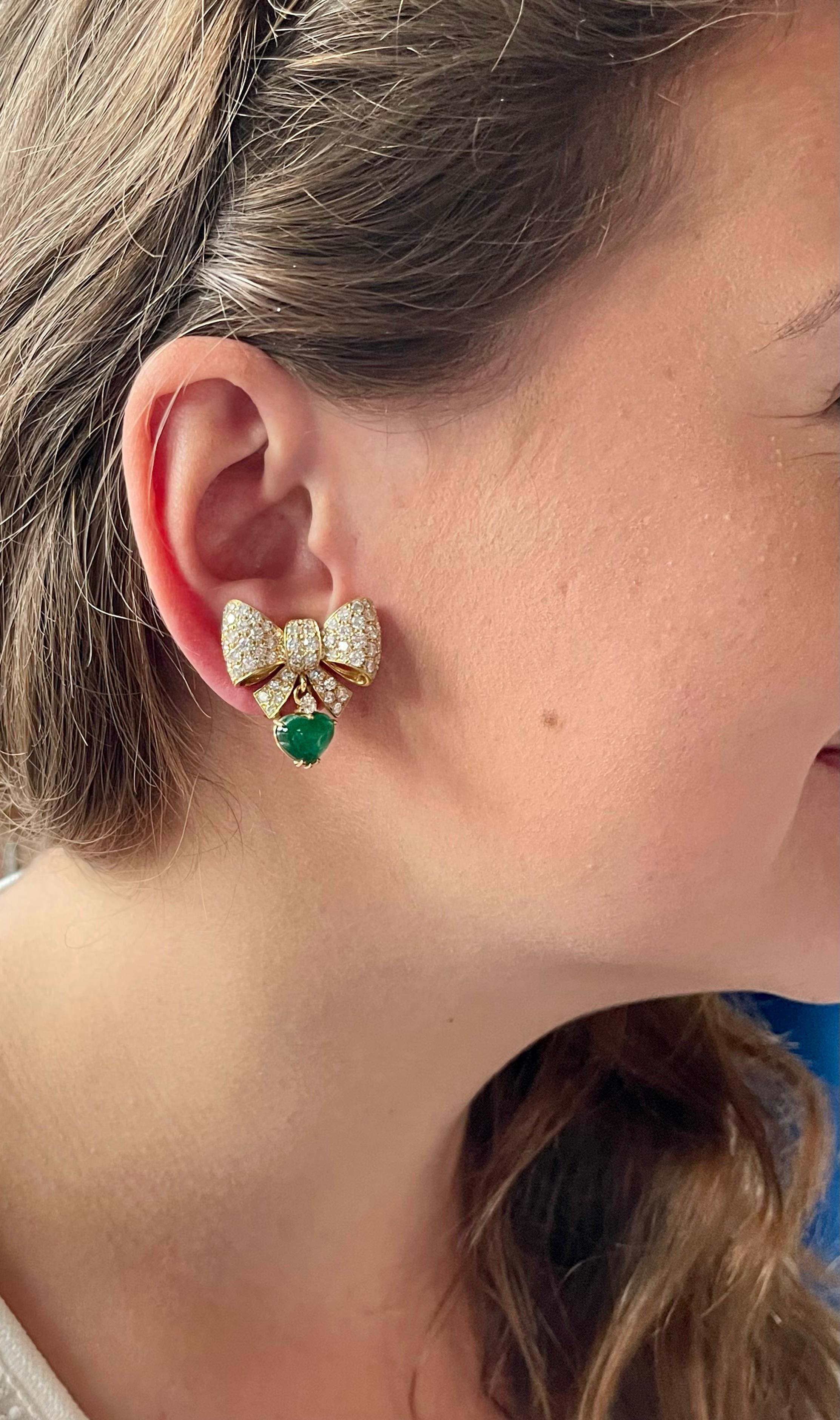 Women's 18 K Yellow Gold Ribbon Bow Dangle Earclips Diamonds Ruby Emerald Pendants For Sale