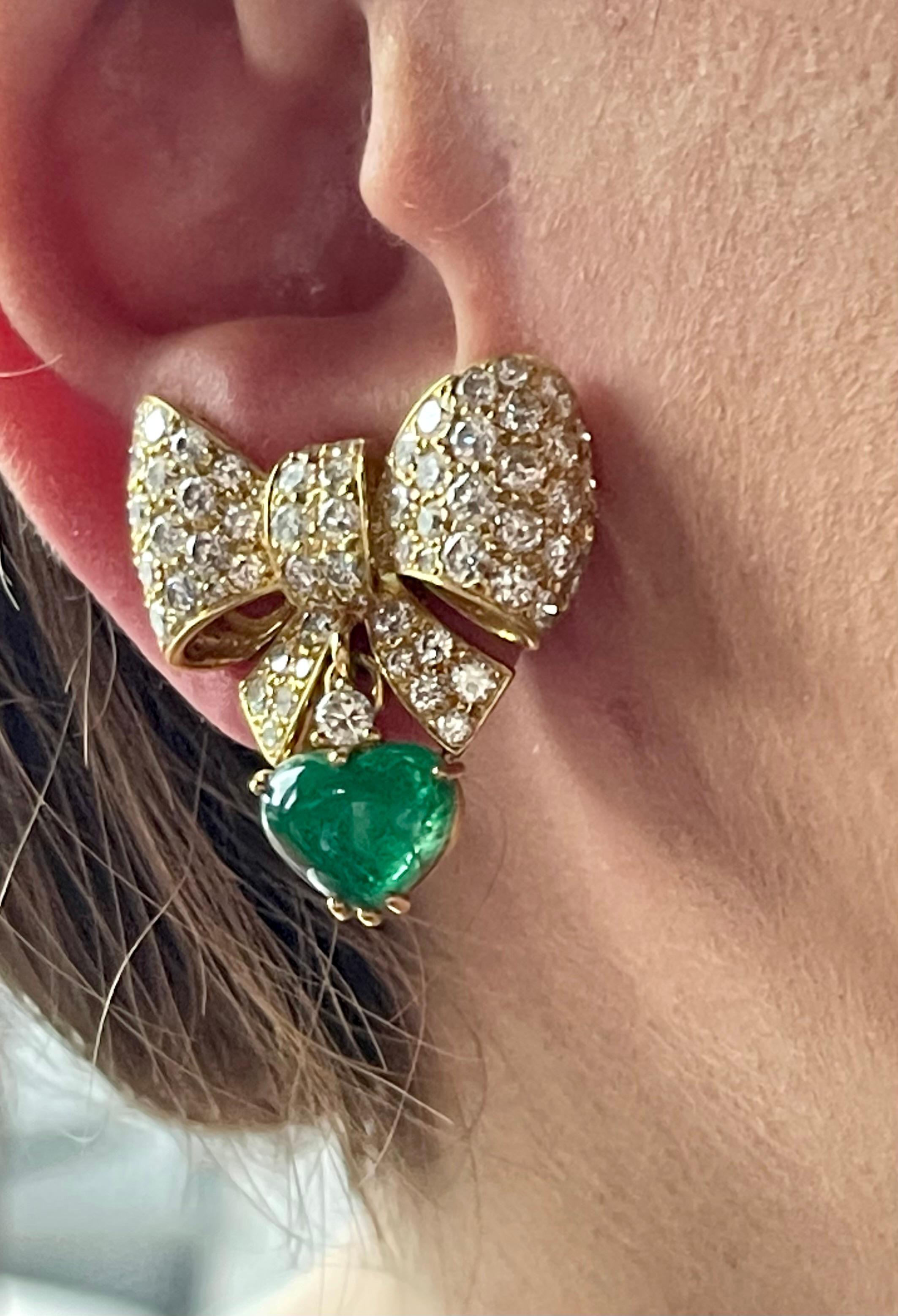 18 K Yellow Gold Ribbon Bow Dangle Earclips Diamonds Ruby Emerald Pendants For Sale 1