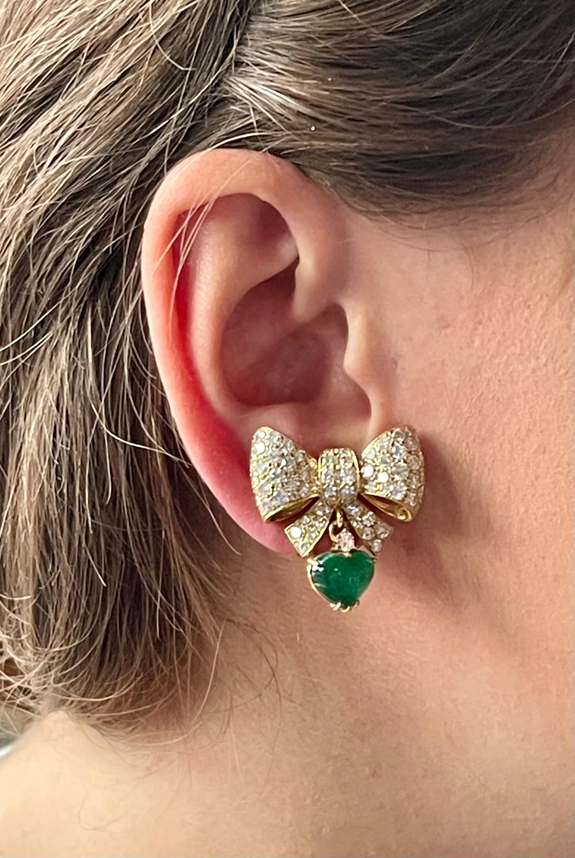 18 K Yellow Gold Ribbon Bow Dangle Earclips Diamonds Ruby Emerald Pendants For Sale 3