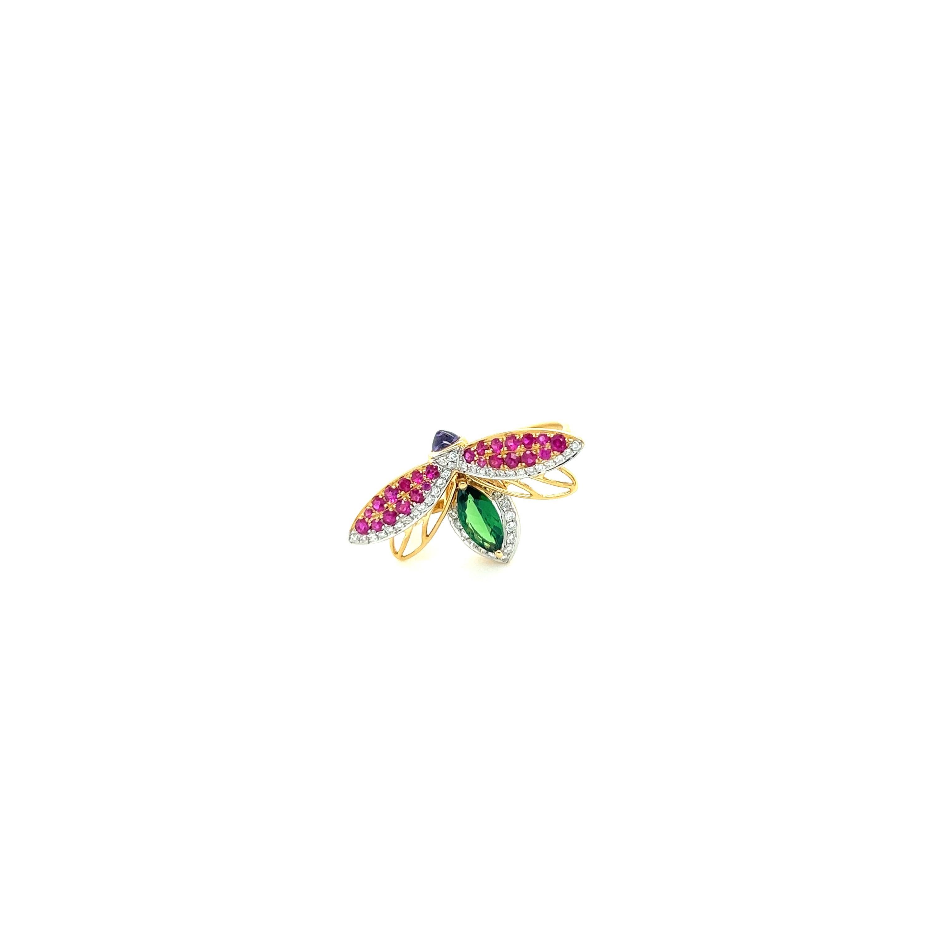 18 K Yellow Gold Ruby Bee Ring

42 Diamonds 0.15CT
1 Green Garnet 0.43CT
1 Purple Sapphire 0.23CT
24 Rubies 0.34CT
18K Yellow Gold 4.04GM

Ruby jewelry is rich in all the connotations of love and heat and opulence. This bright red stone brings
