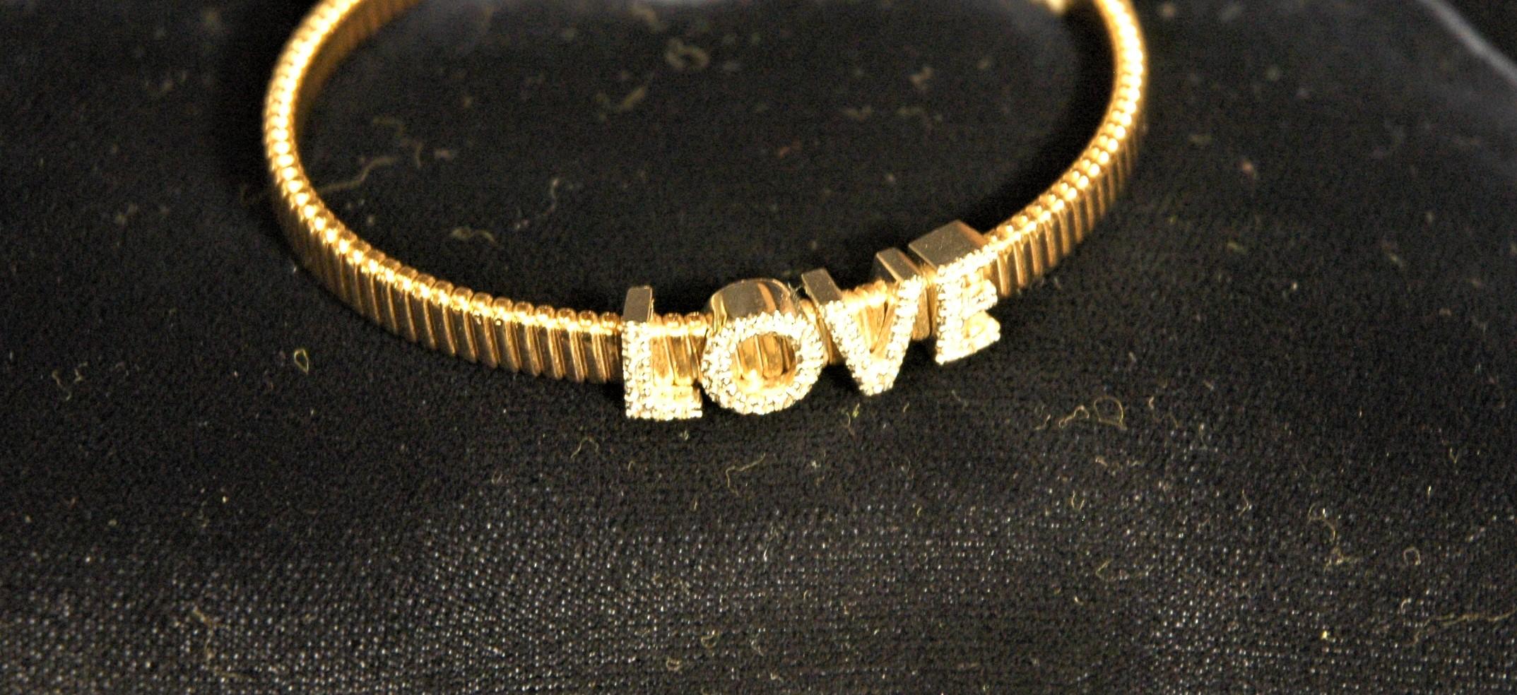 Brilliant Cut 18 K Yellow Gold Semi-Rigid Bracelet with LOVE Writing in Diamonds Ct.0.30 For Sale