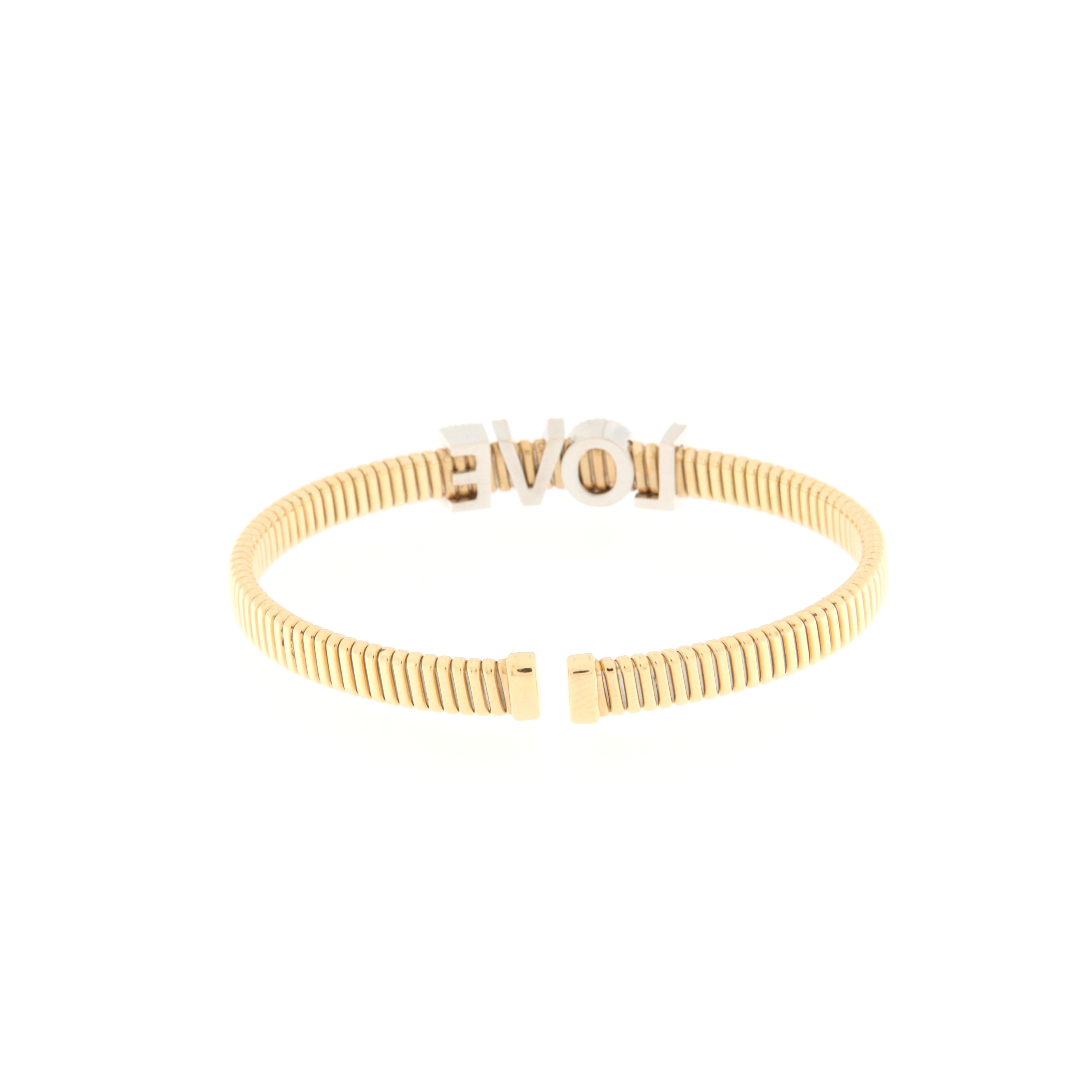 18 K Yellow Gold Semi-Rigid Bracelet with LOVE Writing in Diamonds Ct.0.30 In New Condition For Sale In BARI, IT