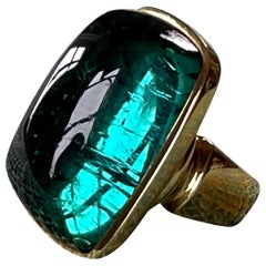 18 K Yellow Gold Statement Ring Green Torumaline Cabochon by De Vroomen