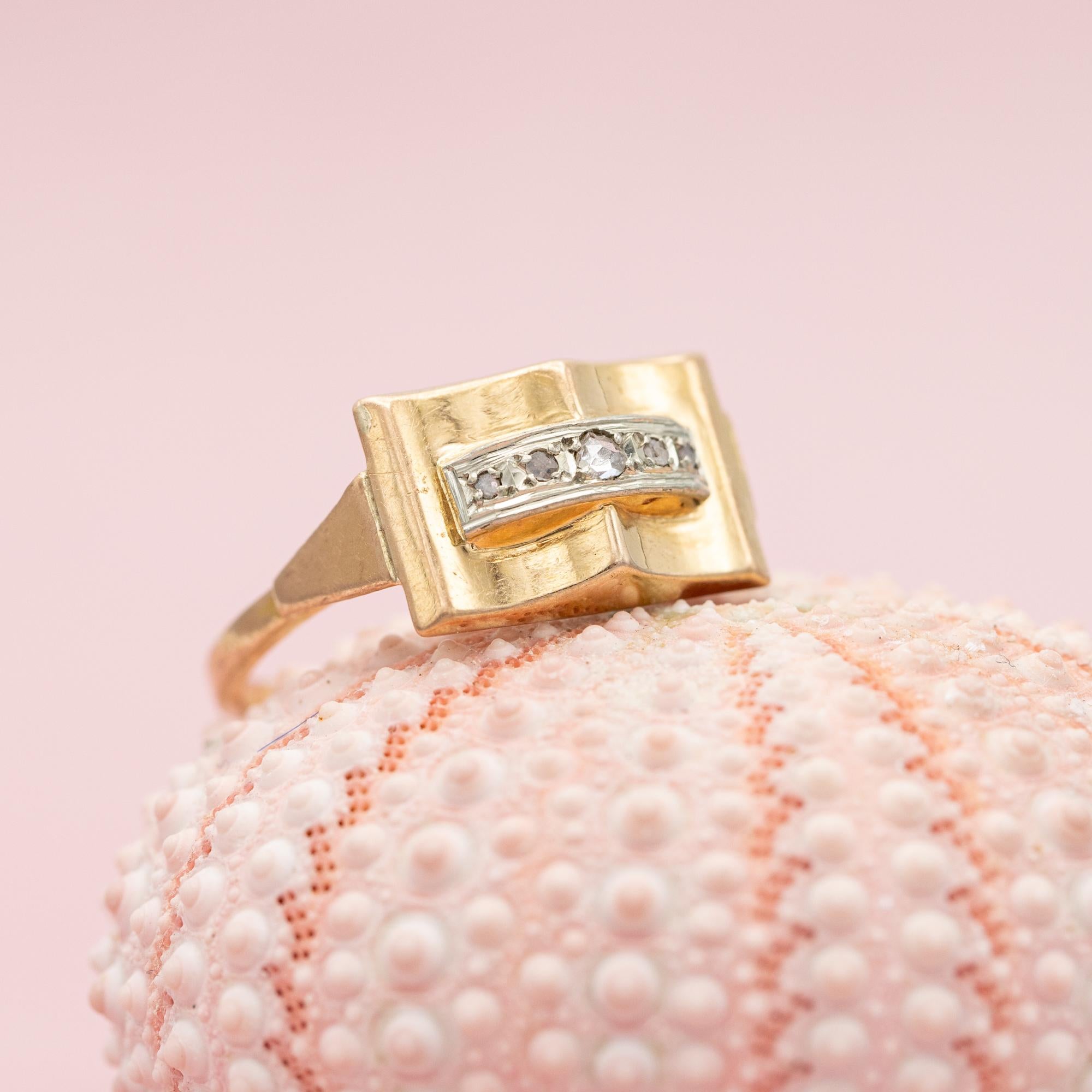 18 k yellow gold tank ring - real rose cut diamonds - Retro estate bulky ring 4