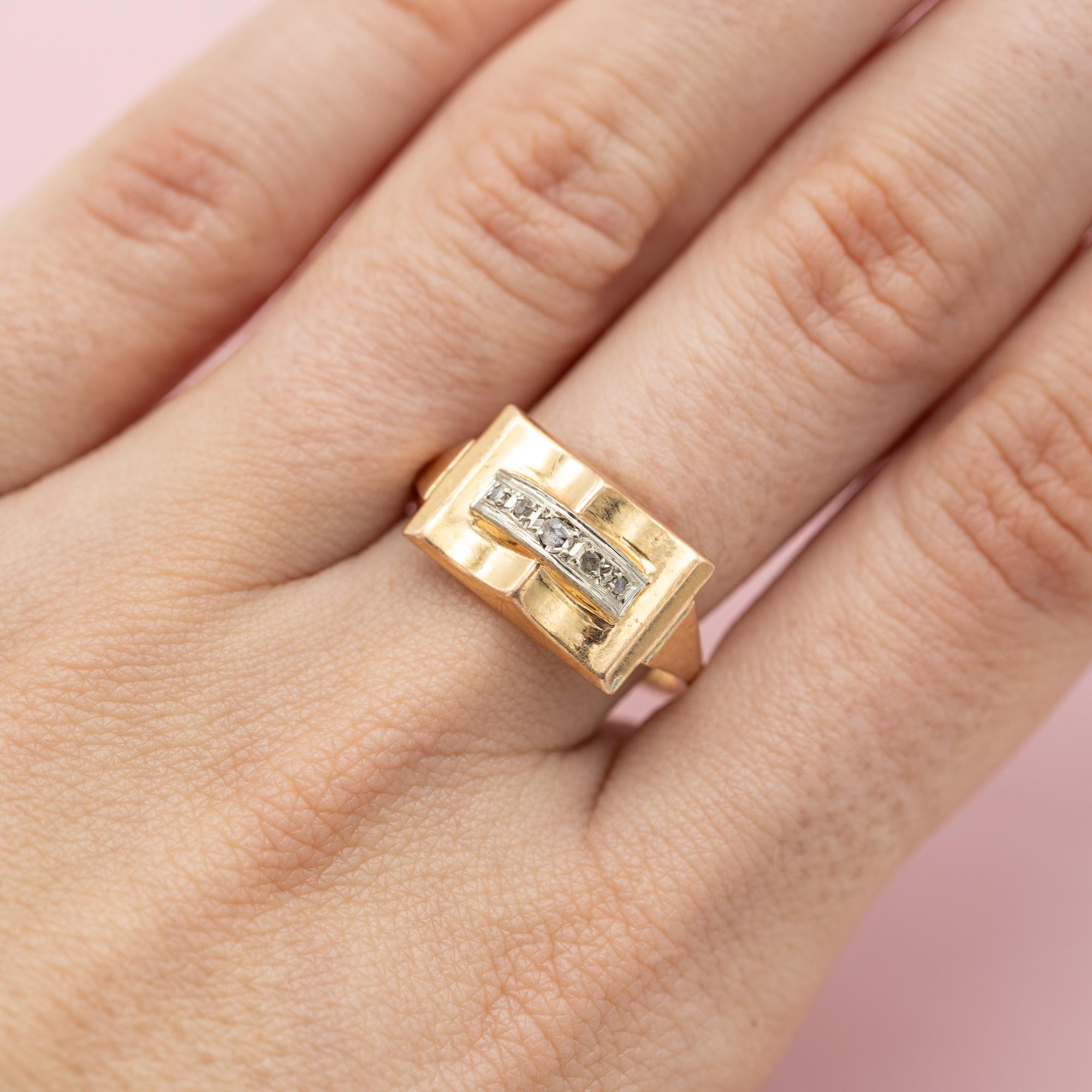 Art Deco 18 k yellow gold tank ring - real rose cut diamonds - Retro estate bulky ring