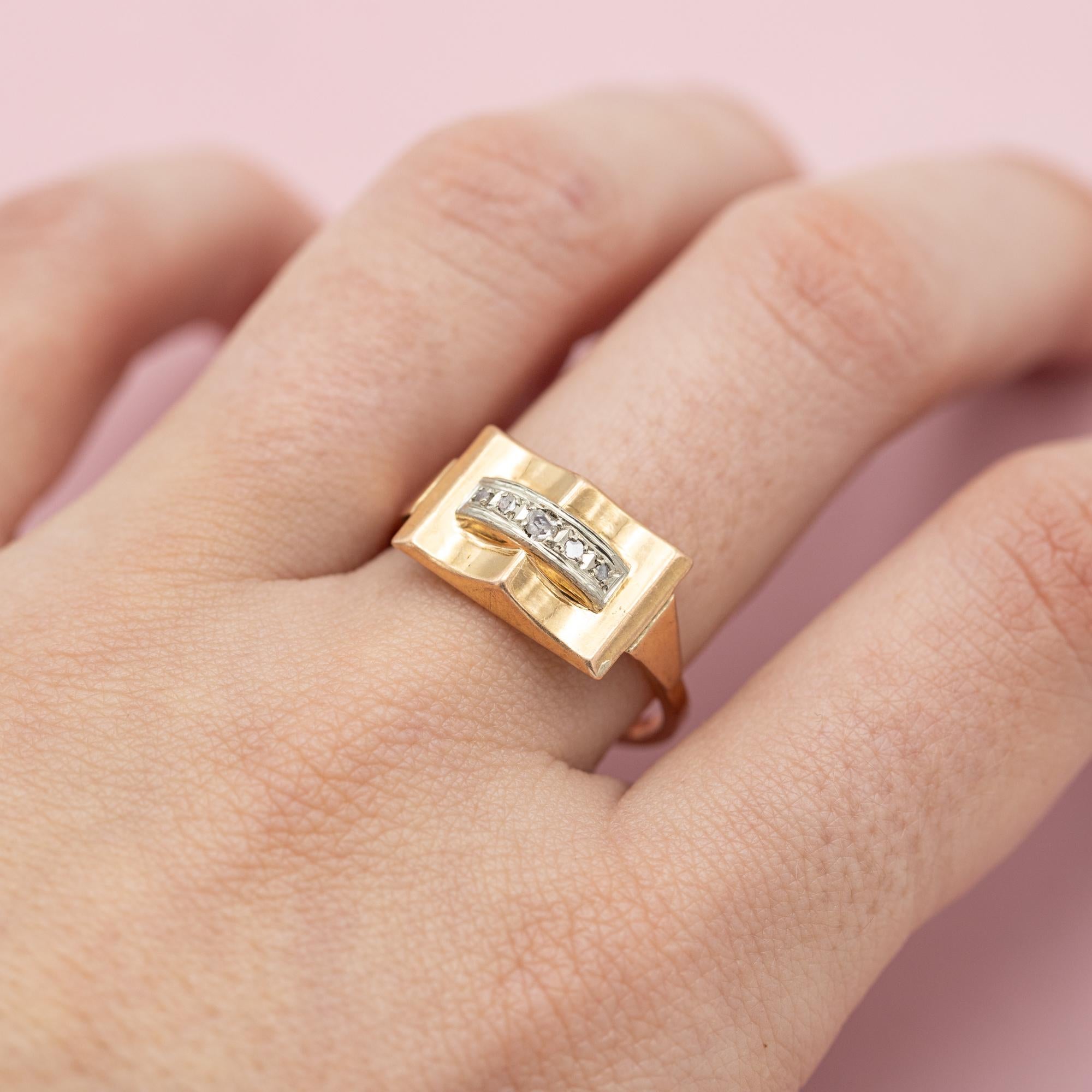 Rose Cut 18 k yellow gold tank ring - real rose cut diamonds - Retro estate bulky ring
