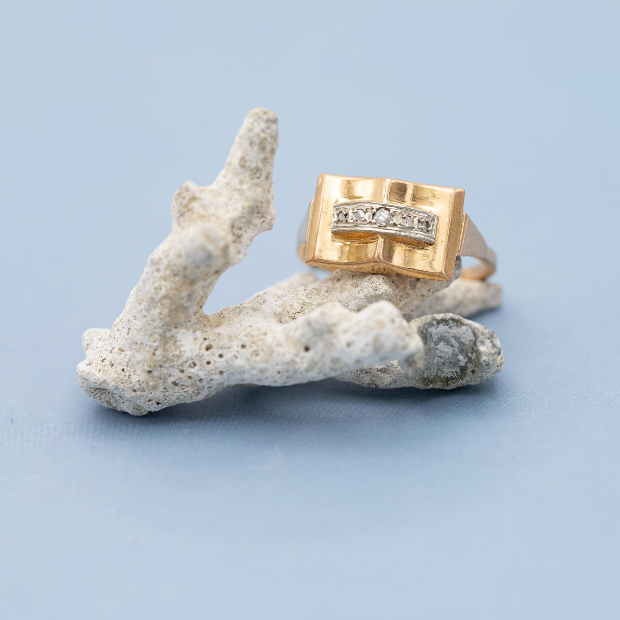 18 k yellow gold tank ring - real rose cut diamonds - Retro estate bulky ring 1