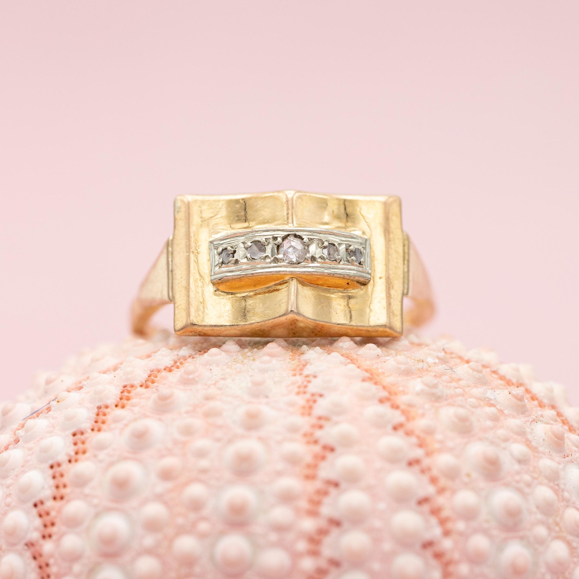 18 k yellow gold tank ring - real rose cut diamonds - Retro estate bulky ring 2