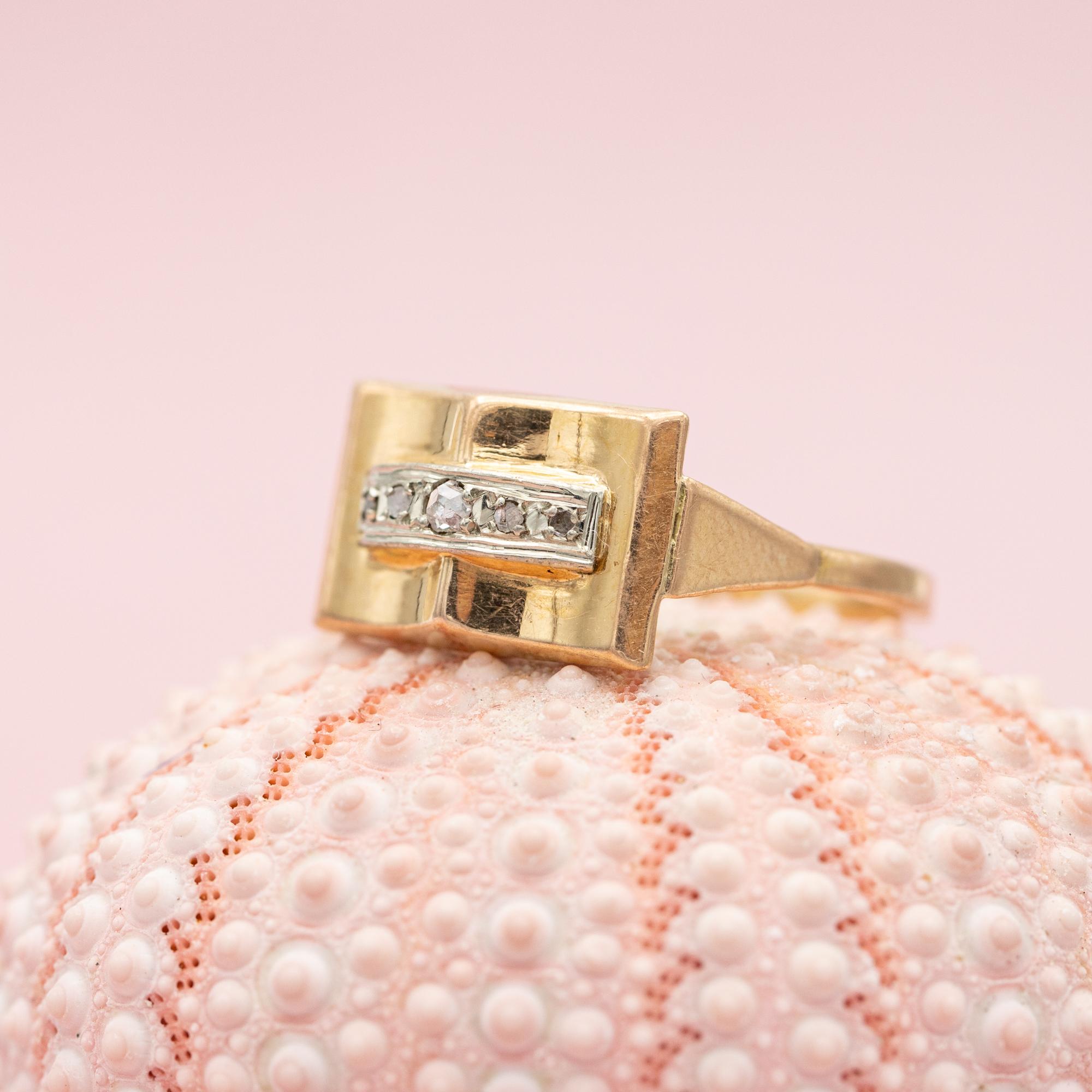 18 k yellow gold tank ring - real rose cut diamonds - Retro estate bulky ring 3