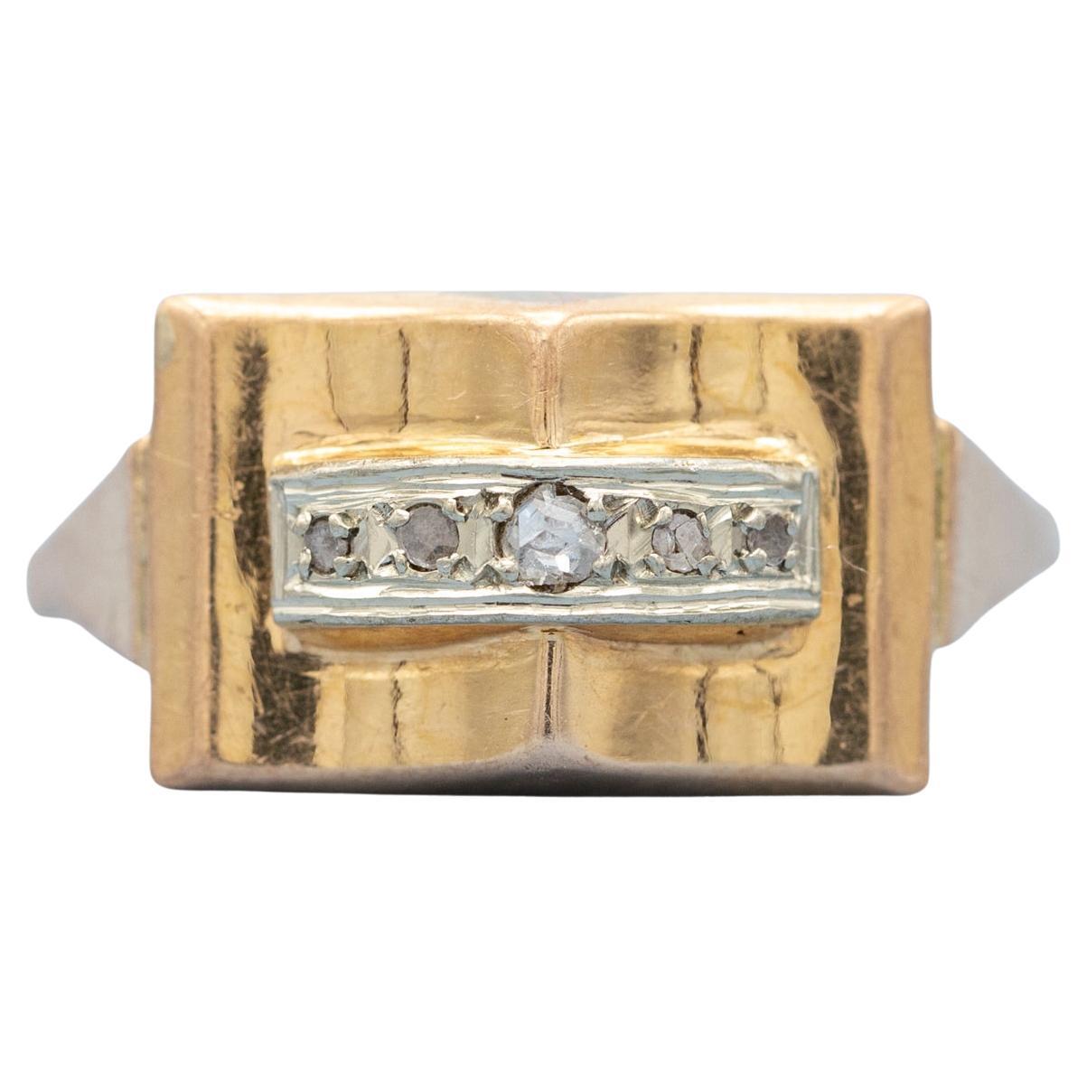 18 k yellow gold tank ring - real rose cut diamonds - Retro estate bulky ring