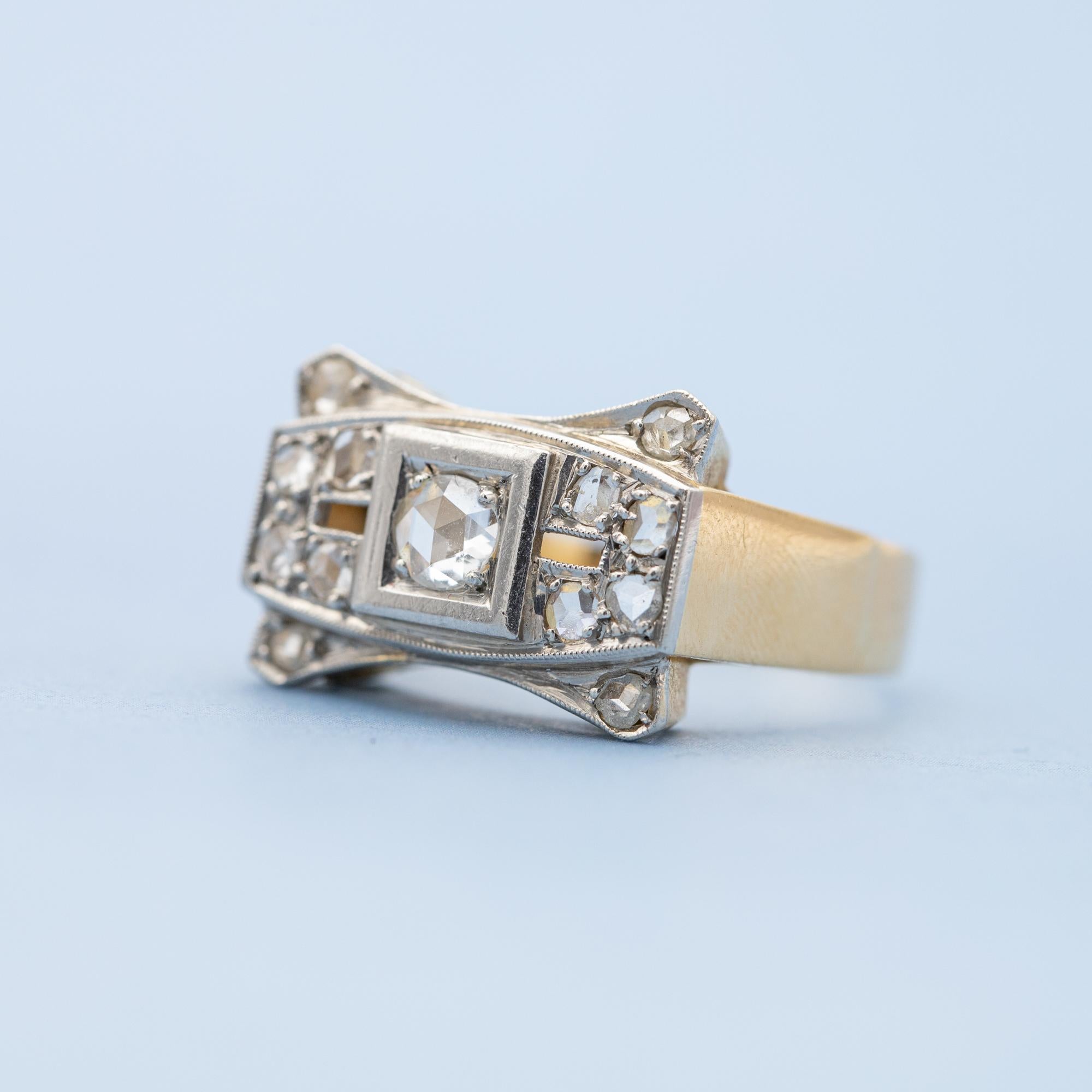  18 k yellow gold tank ring - rose cut diamond ring - estate bulky bow jewelry In Good Condition For Sale In Antwerp, BE
