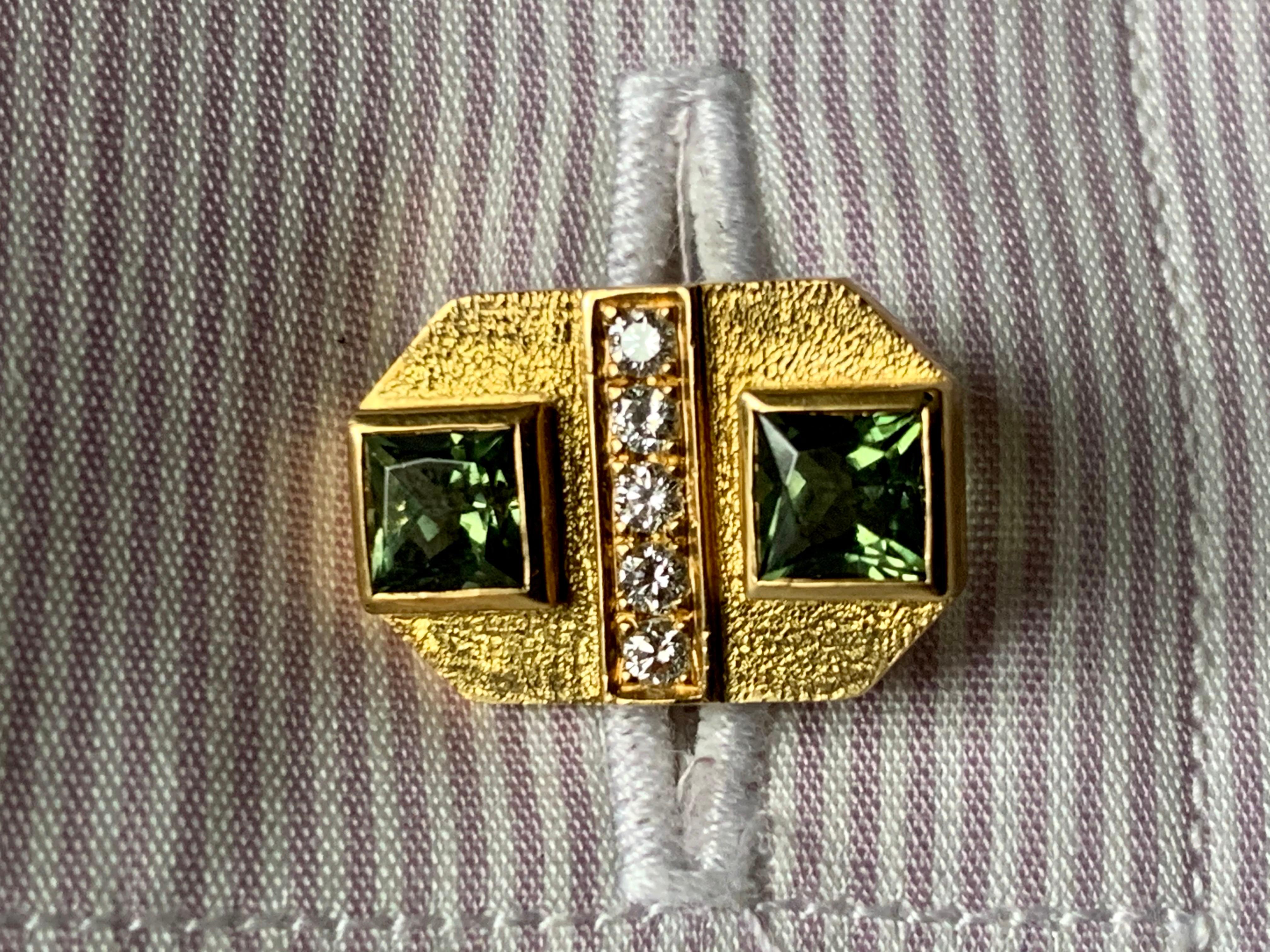 Women's or Men's 18 K Yellow Gold Tourmaline and Diamond Cufflinks For Sale