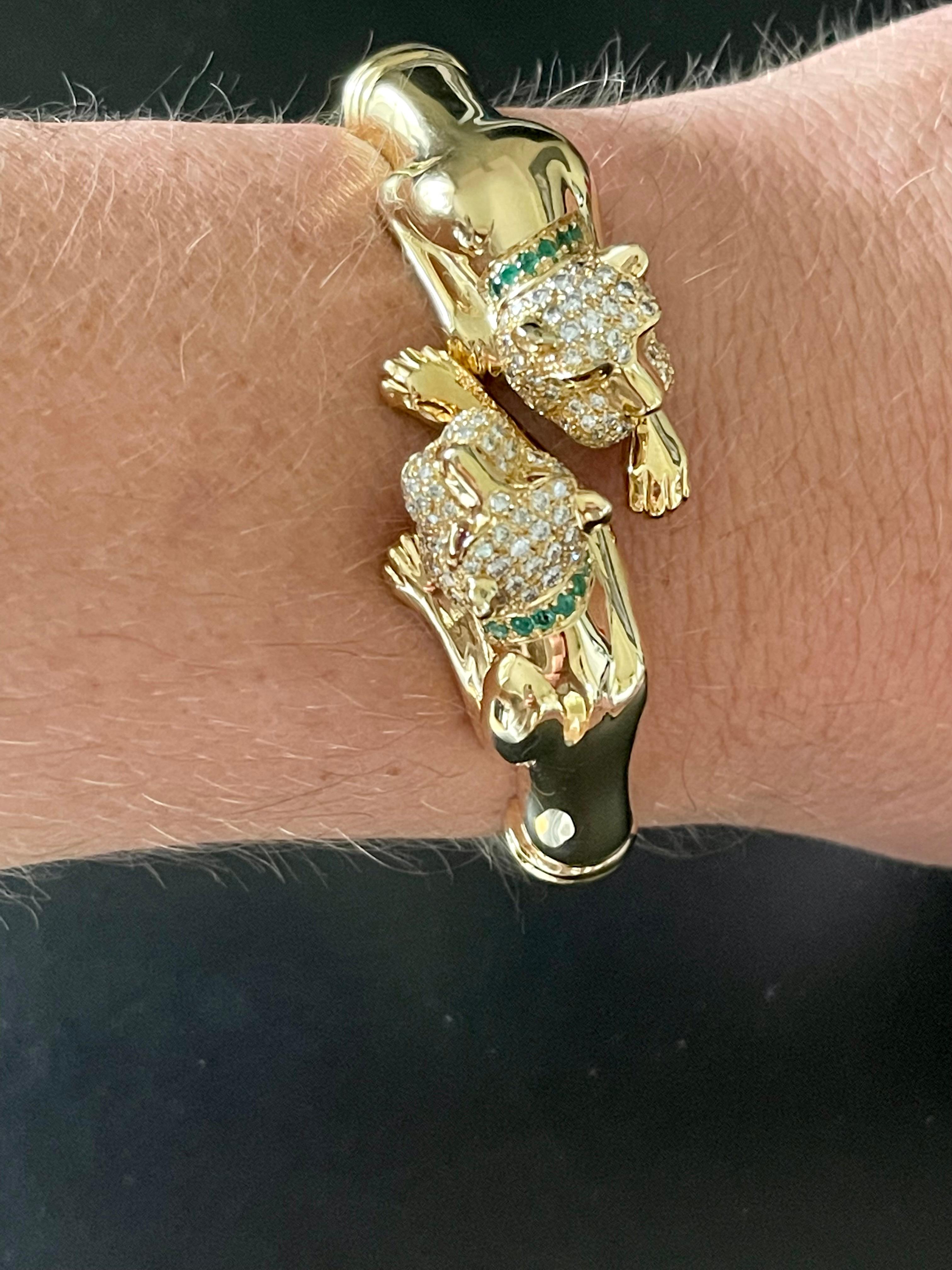 Women's or Men's 18 K Yellow Gold Twin Panther Bangle Diamonds Emeralds Ruby For Sale