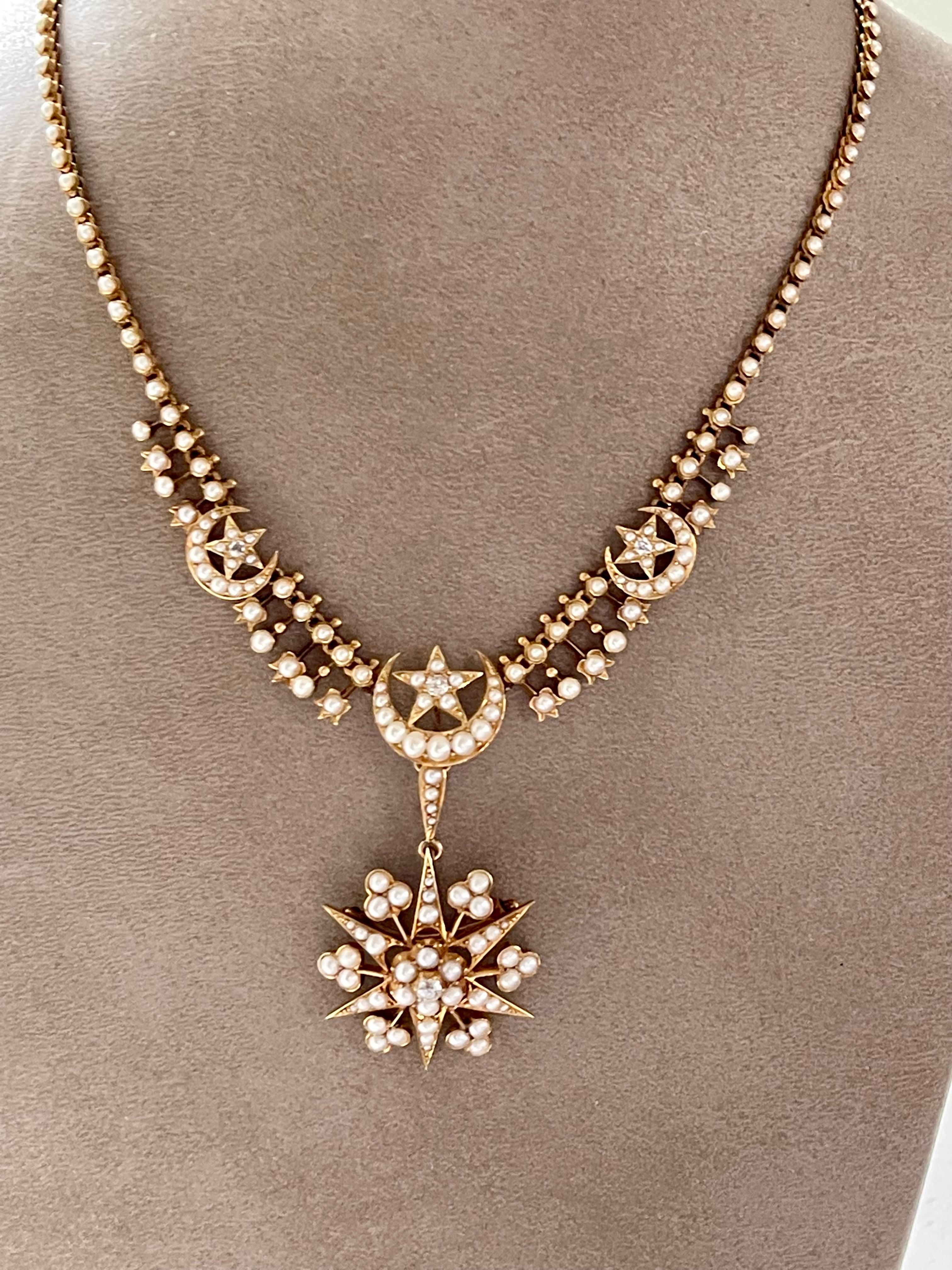 18 K Yellow Gold Victorian Star Necklace Pendant/Brooch Pearls Diamonds For Sale 5