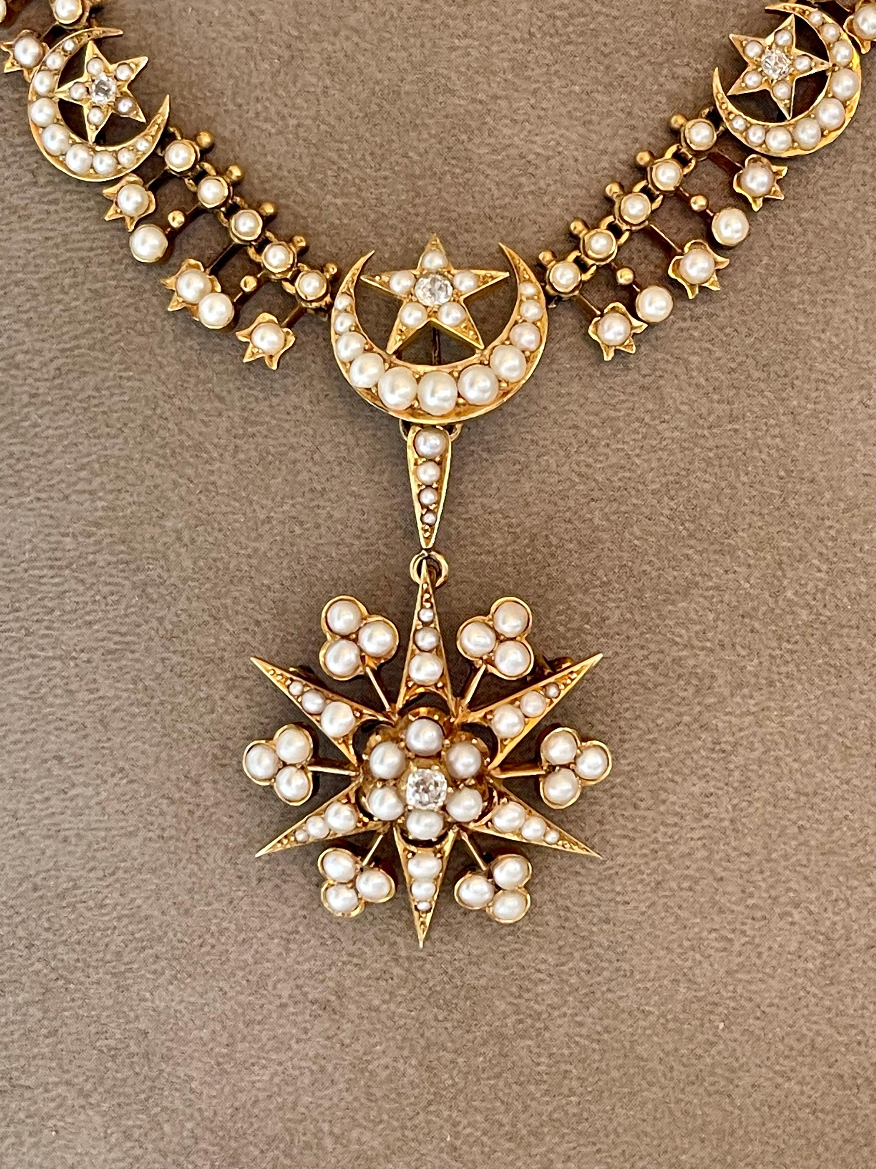 18 K Yellow Gold Victorian Star Necklace Pendant/Brooch Pearls Diamonds For Sale 7