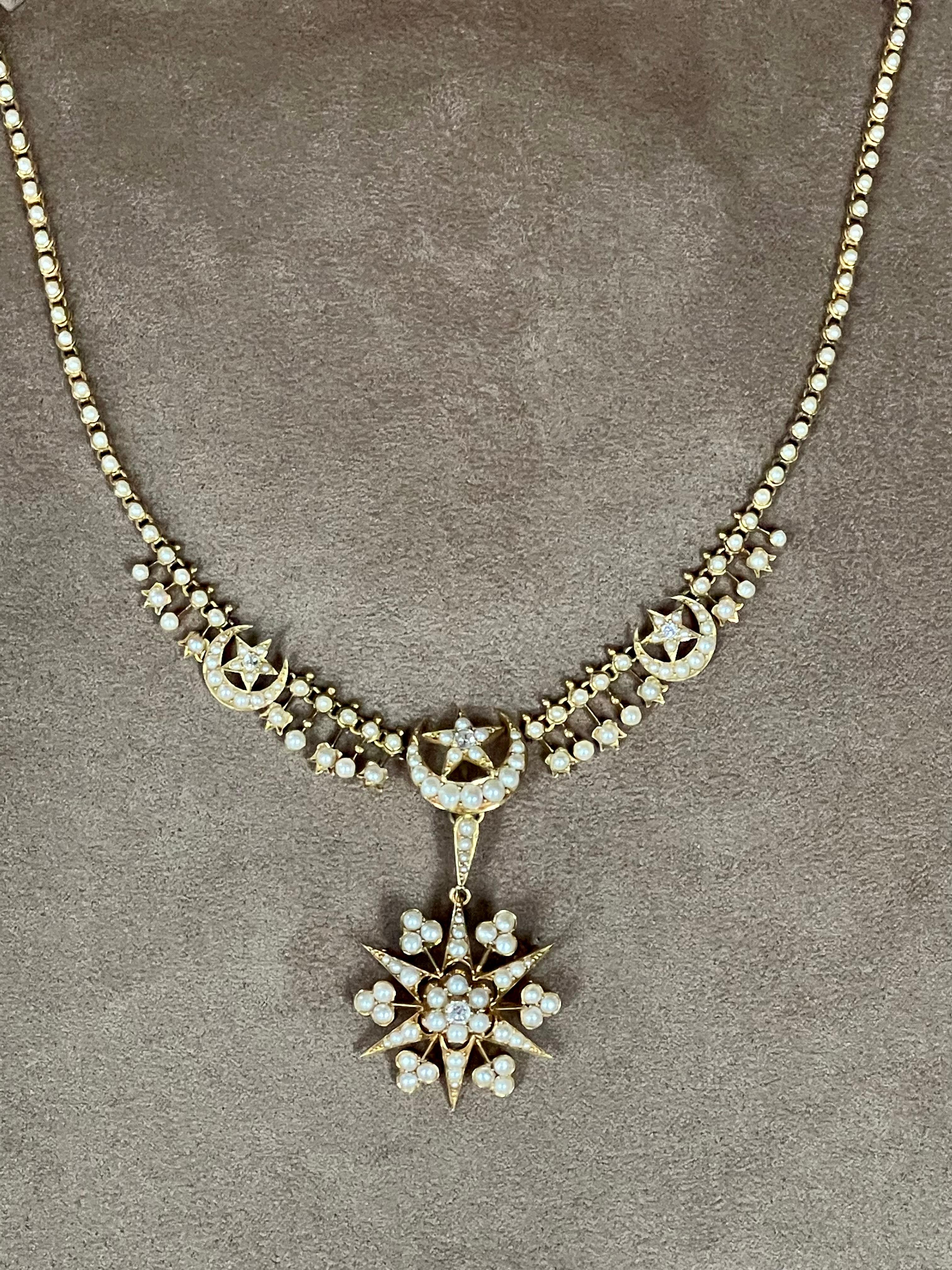 This lovely Victorian necklace with star pendant, which can also be worn as a brooch, is set with a cluster of Pearls to the centre and tapering Pearls to the points of the star and 4 brilliant cut Diamonds. 
A really pretty piece that’s so