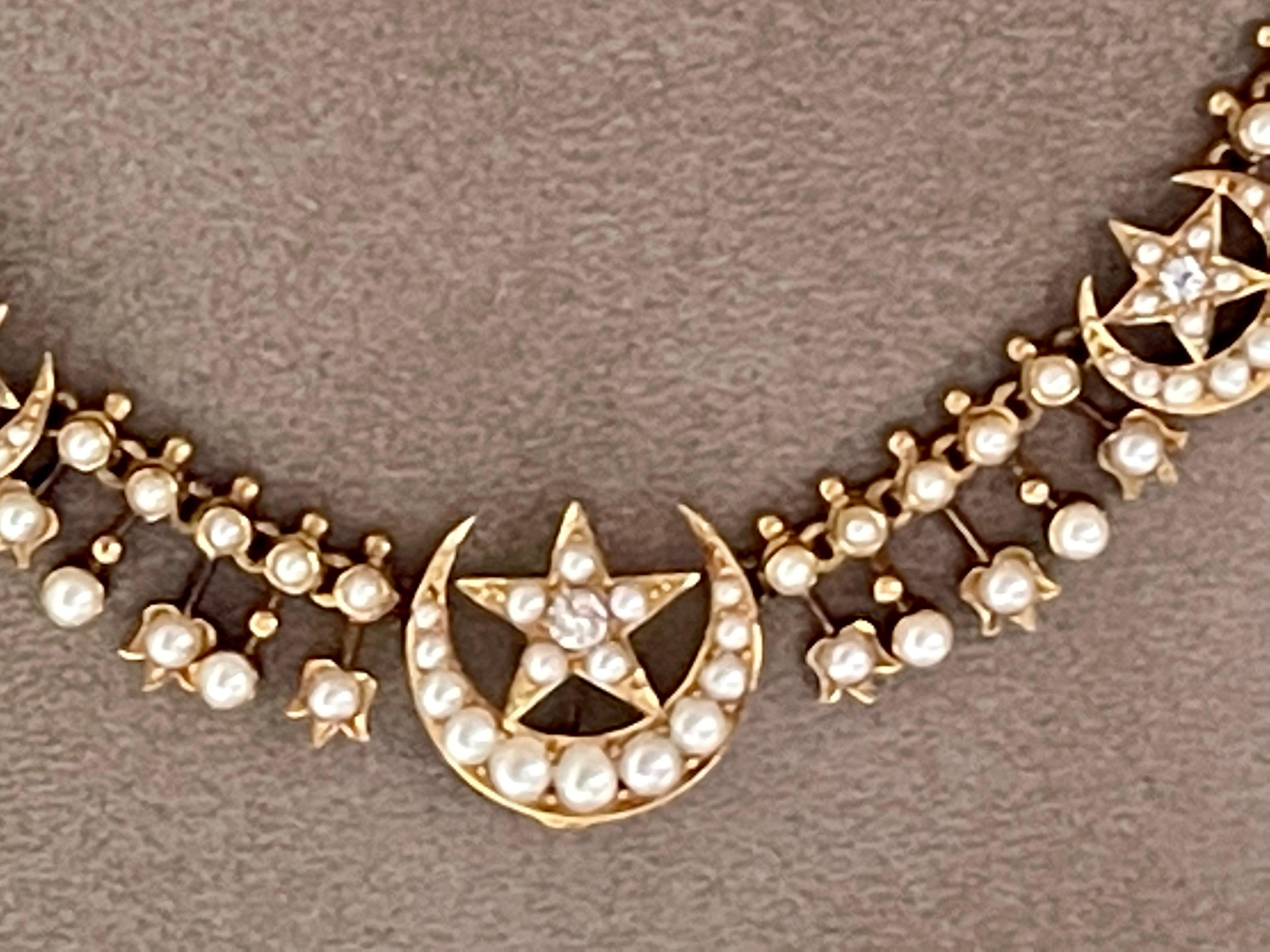 Old European Cut 18 K Yellow Gold Victorian Star Necklace Pendant/Brooch Pearls Diamonds For Sale