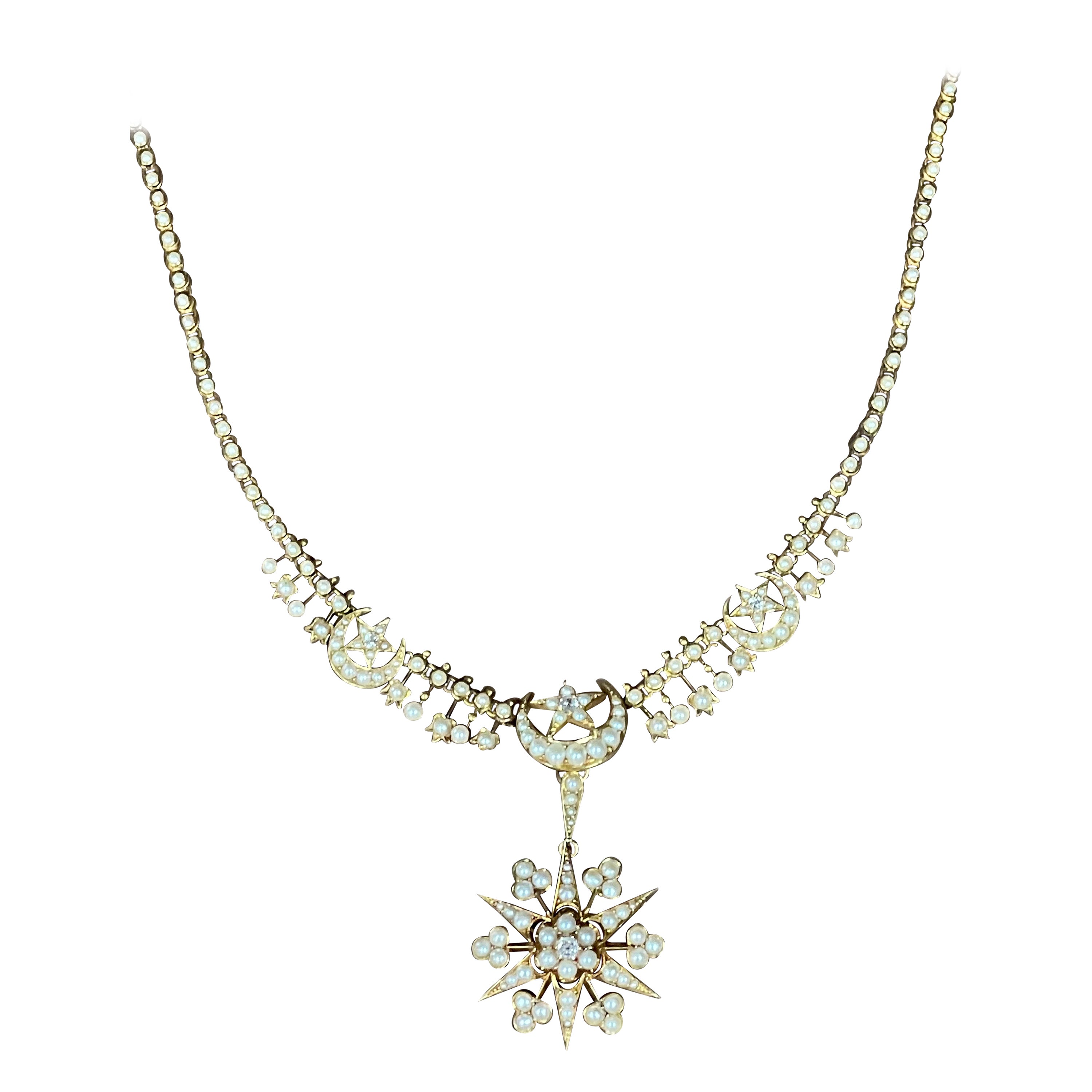 18 K Yellow Gold Victorian Star Necklace Pendant/Brooch Pearls Diamonds