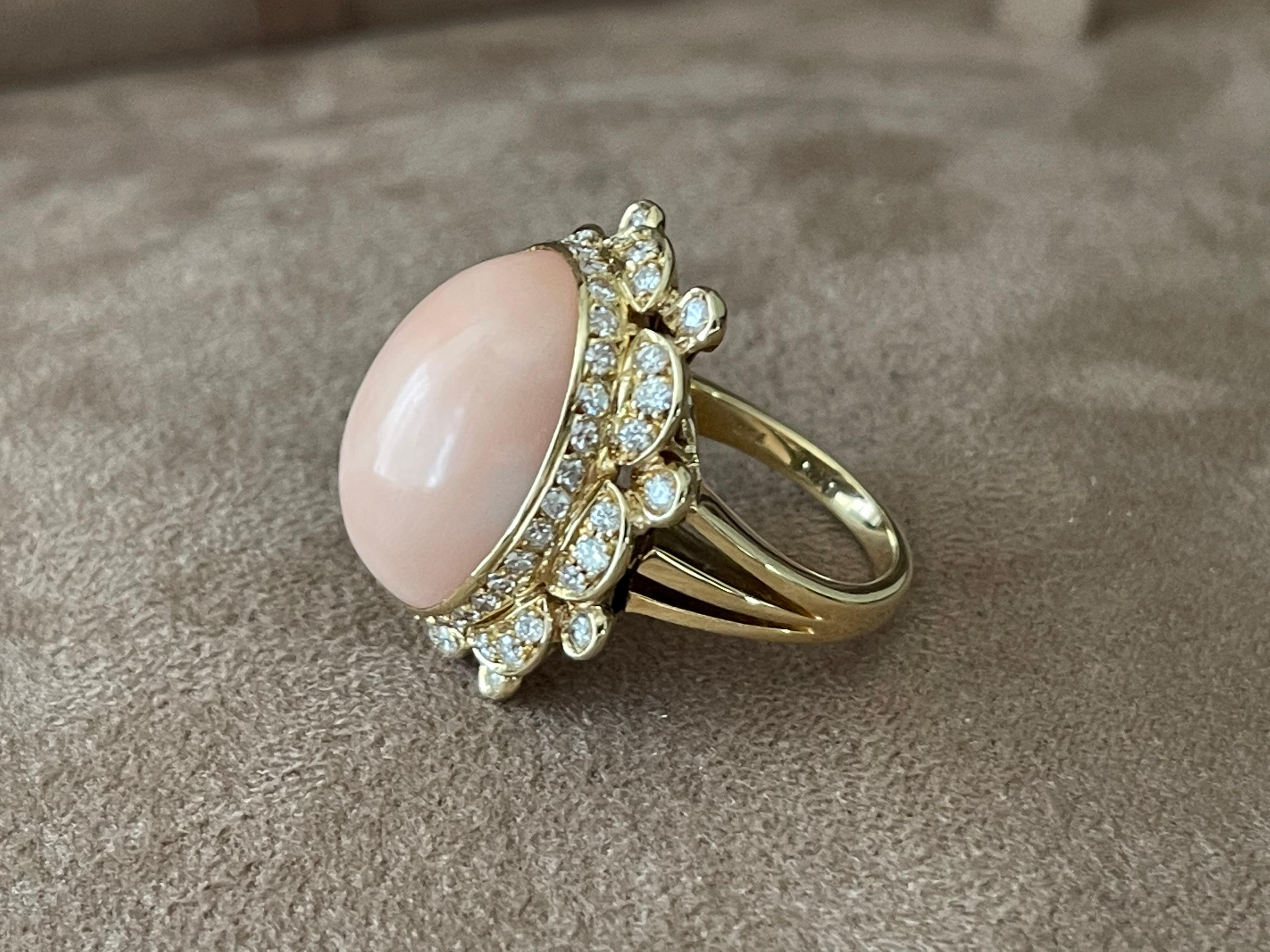 Contemporary 18 K Yellow Gold Vintage Cocktail Ring with Diamonds Angel Skin Coral For Sale