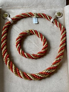 18 K Yellow Gold Vintage Coral Rope Torsade Necklace Bracelet