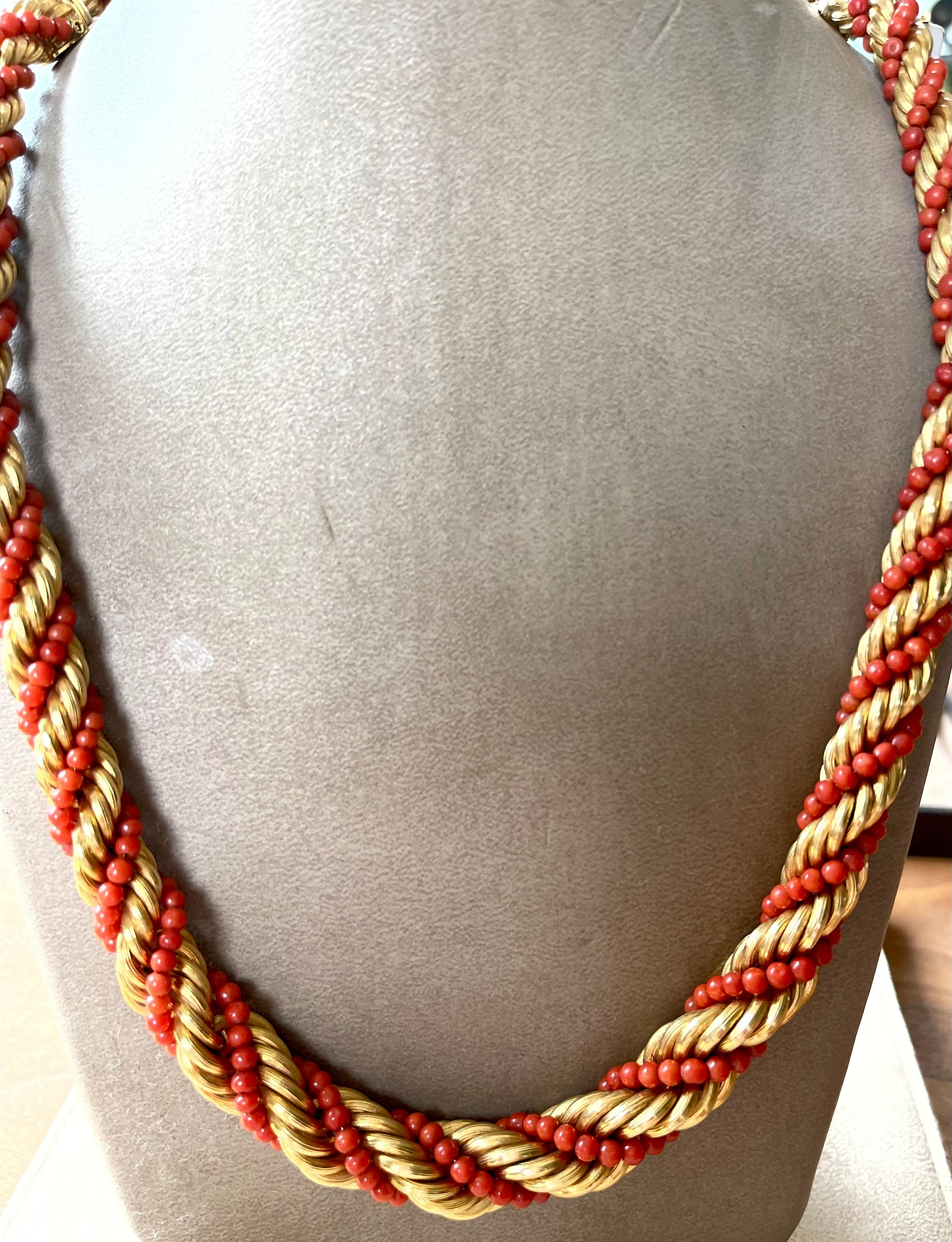 Bead 18 K Yellow Gold Vintage Coral Rope Torsade Necklace Bracelet For Sale