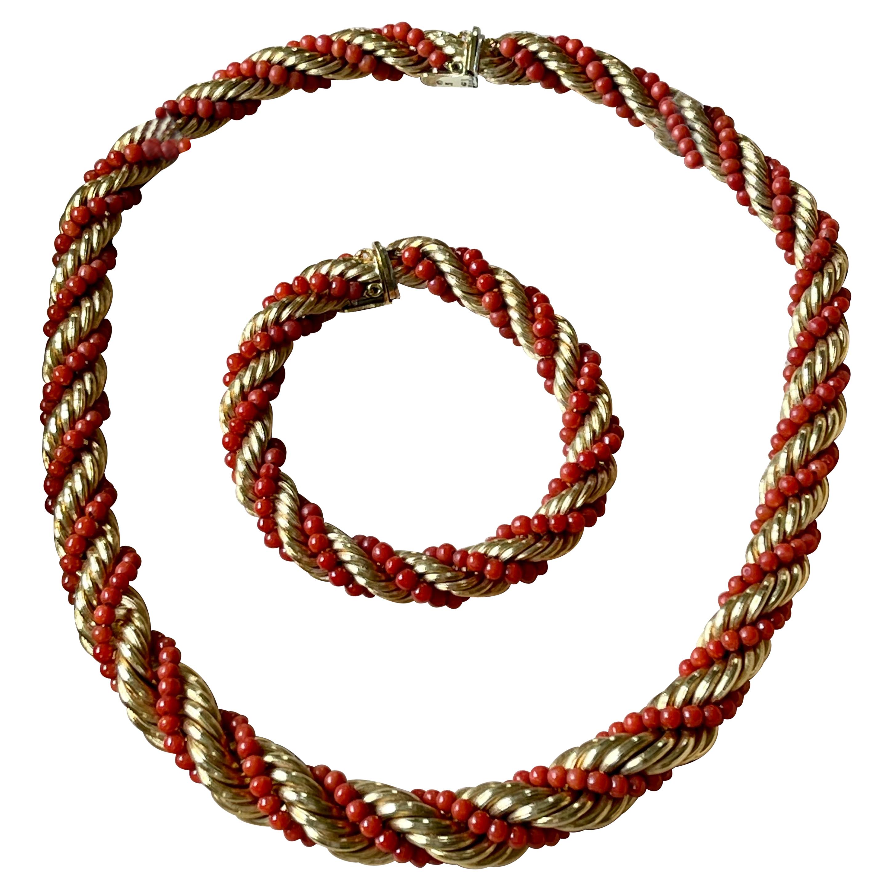 18 K Yellow Gold Vintage Coral Rope Torsade Necklace Bracelet
