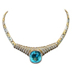 18 K yellow white Gold Diamond Blue Topaz Necklace Kurz Switzerland