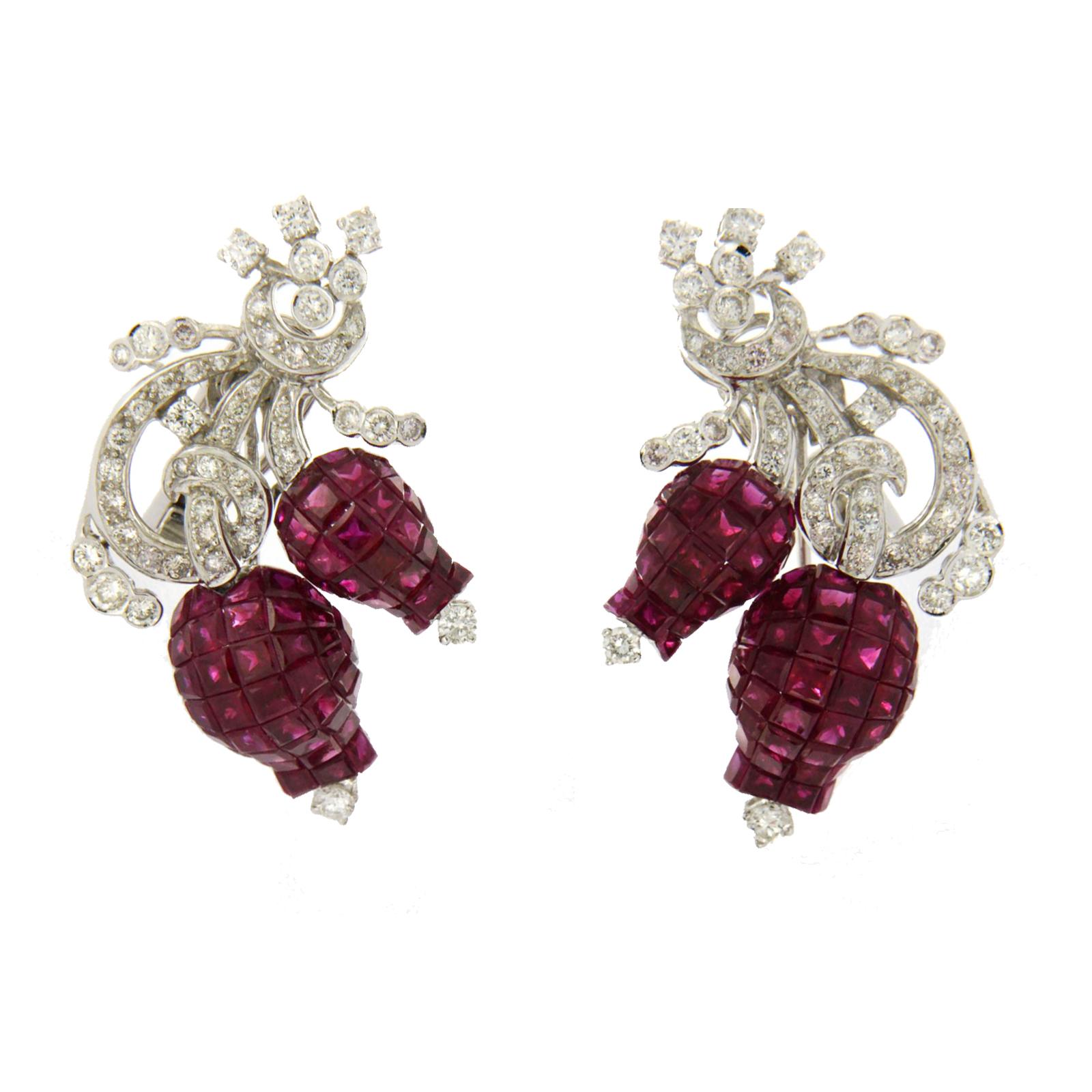 Women's 18 Kara Gold 1.99 Carat Diamonds and Invisible 25.22 Carat Ruby Tulip Earrings For Sale