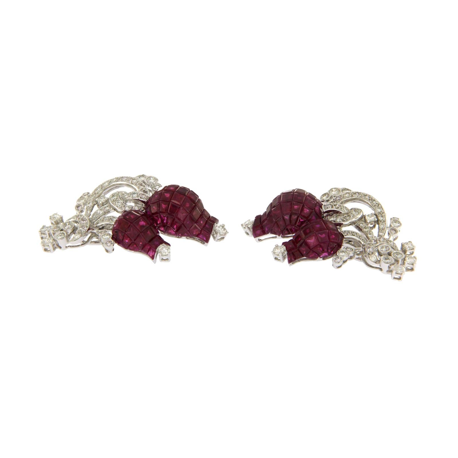 18 Kara Gold 1.99 Carat Diamonds and Invisible 25.22 Carat Ruby Tulip Earrings For Sale 3