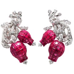 18 Kara Gold 1.99 Carat Diamonds and Invisible 25.22 Carat Ruby Tulip Earrings