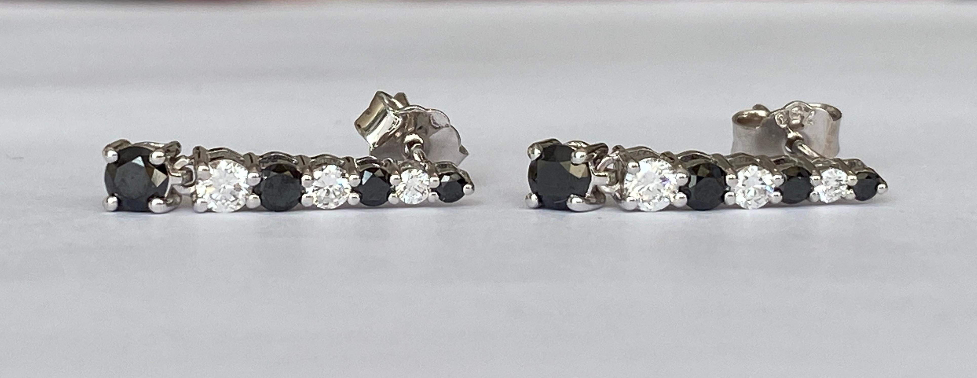 18 Karat White Gold Dangle Ear Studs with White and Black Diamonds For Sale 1