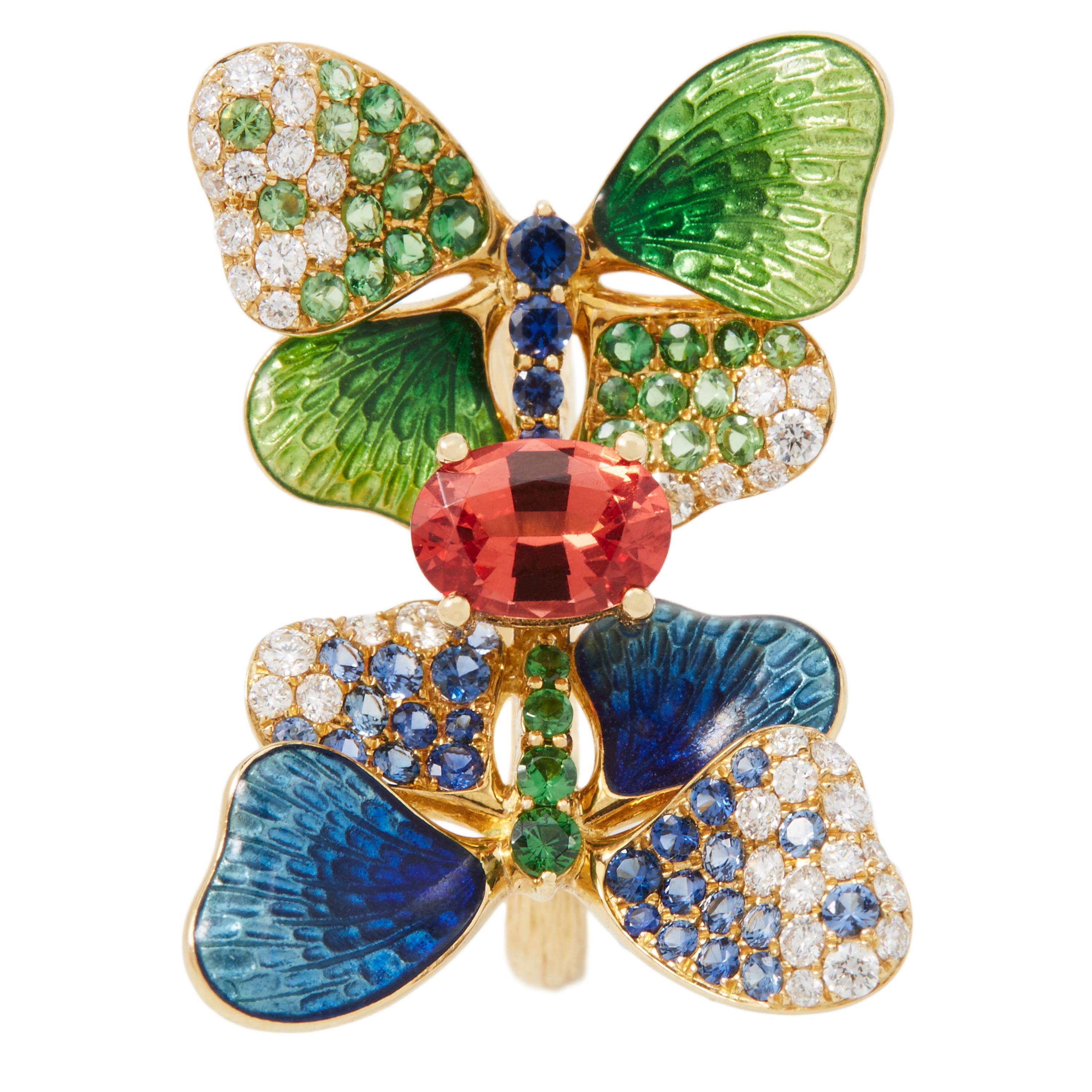 18K yellow gold enamel butterfly ring set with 0.8 ct spinel, tsavorite, sapphire, yellow and white diamond 