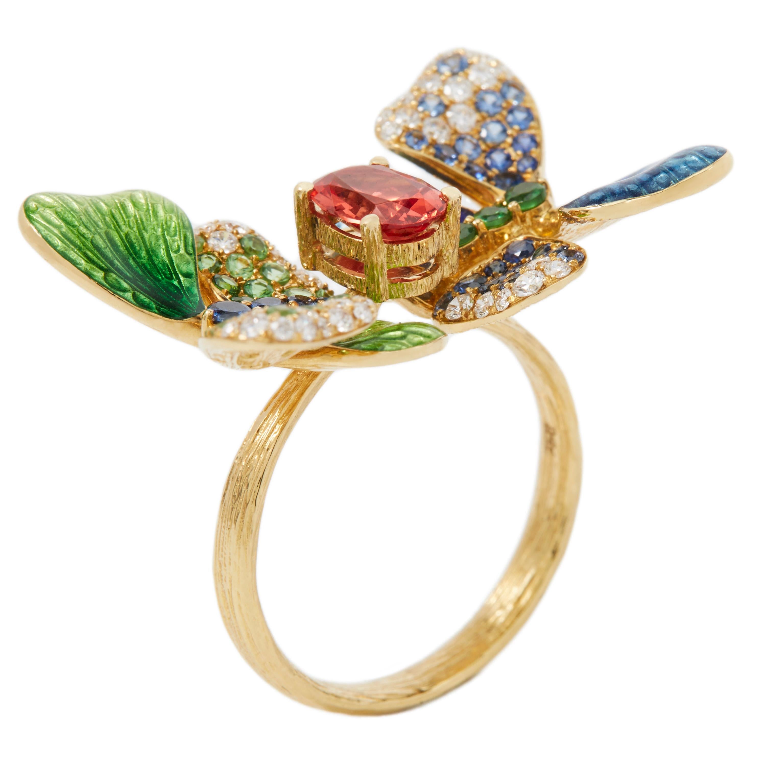 18 Karat 0.8 Carat Spinel Enamel Butterfly Ring with Yellow and White Diamond In New Condition For Sale In Hong Kong, APAC - East Asia