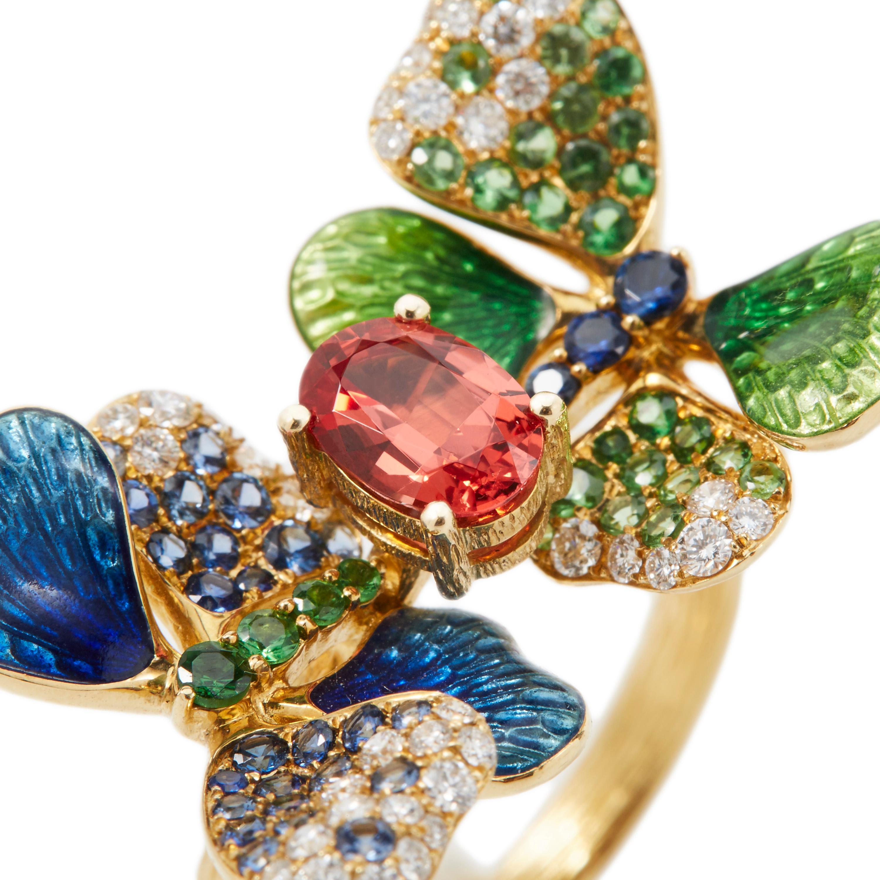 Women's 18 Karat 0.8 Carat Spinel Enamel Butterfly Ring with Yellow and White Diamond For Sale