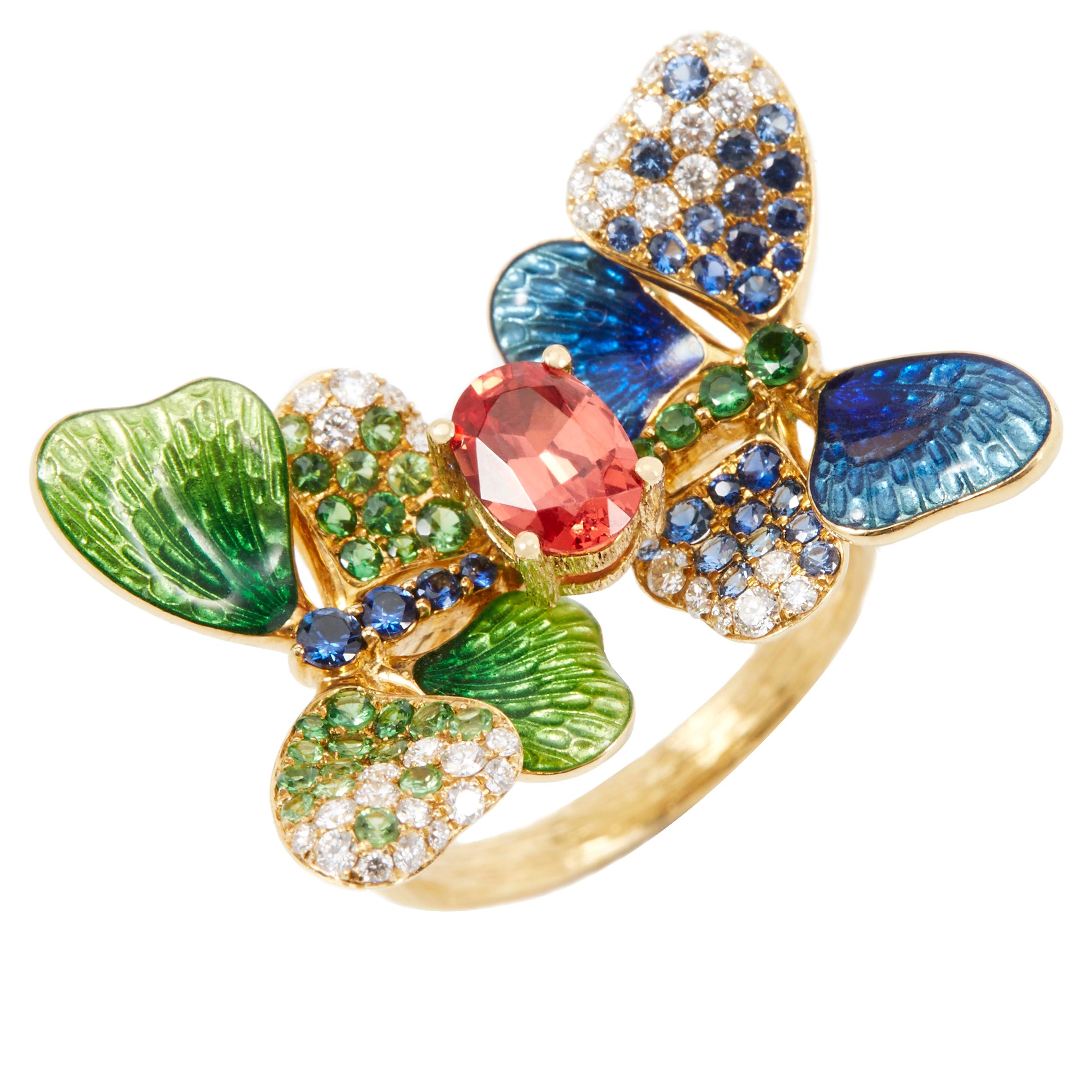18 Karat 0.8 Carat Spinel Enamel Butterfly Ring with Yellow and White Diamond For Sale