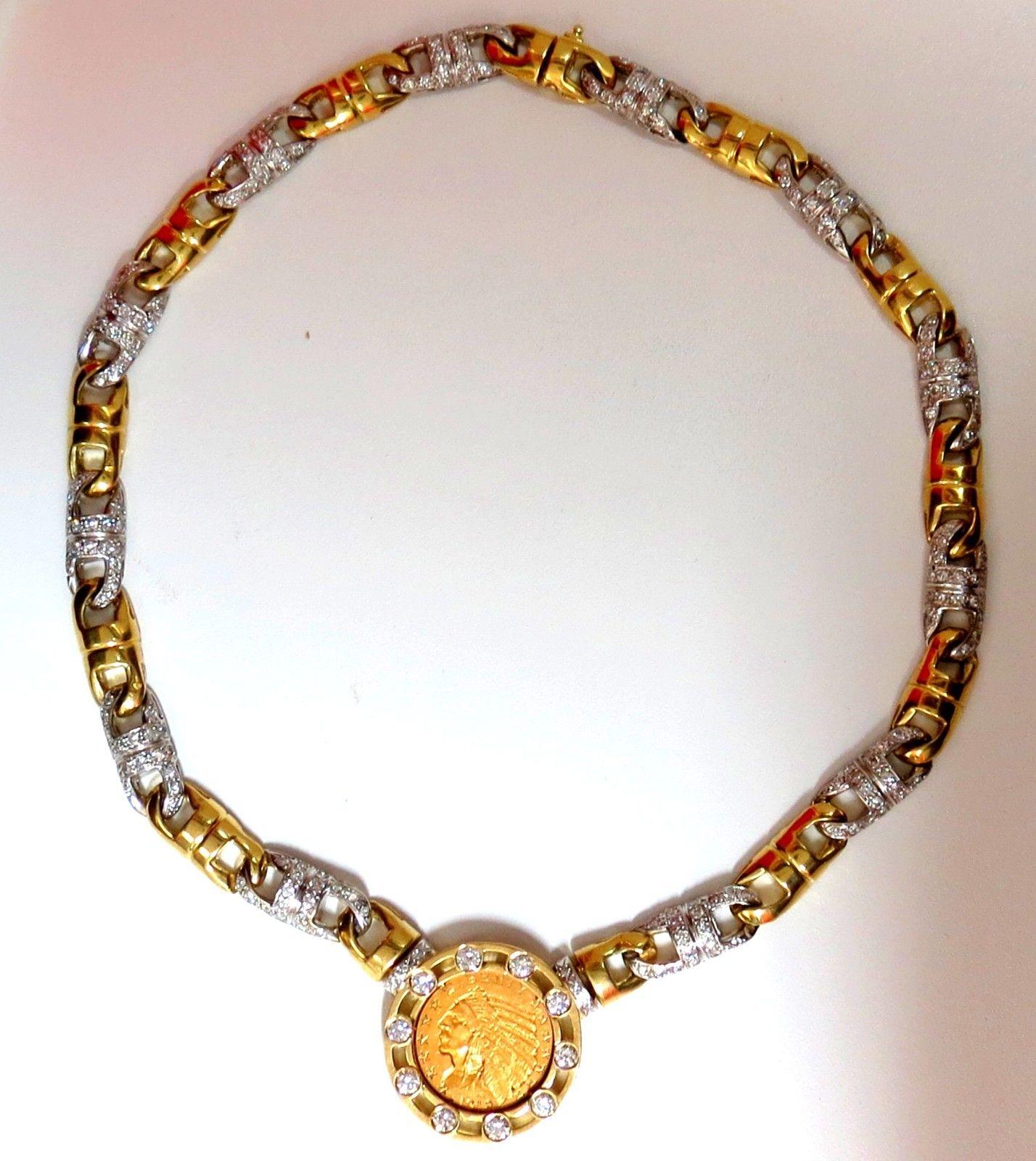 $5 1912 Indian Head BLP Gold Coin necklace
Coin in Good condition

21mm diameter

Diamonds: 6.10ct.

Rounds, Full cut Brilliants

G-H color Vs-2 Si-1 clarity

Necklace is heavy = 105.6 grams

Measures:

30.25mm (frame diameter)

4.60mm (width of