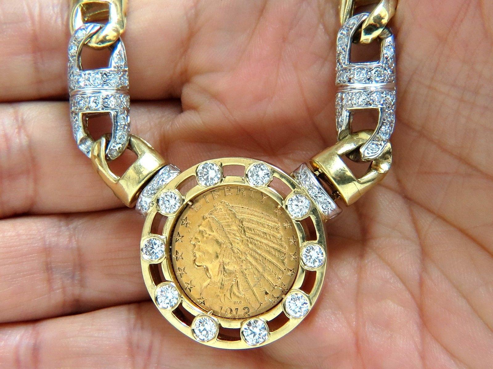 18 Karat 105 Gram 1912 Indian Head BLP Fine Coin 6.10 Carat Diamond Necklace 3
